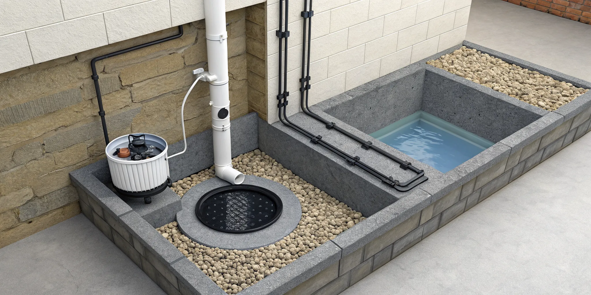 Sump pump drawing with details of the basin, pump, and discharge pipe.