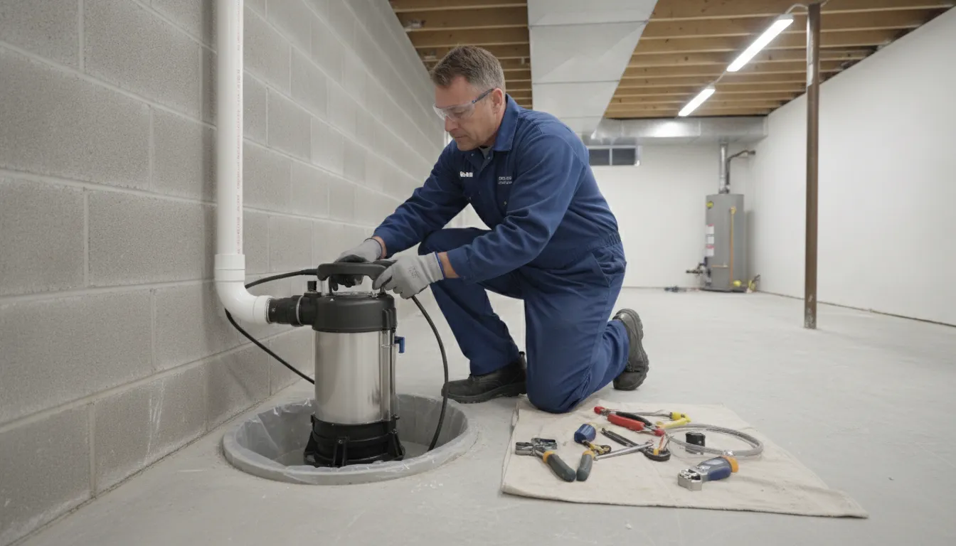 Plumber installing a sump pump in a basement