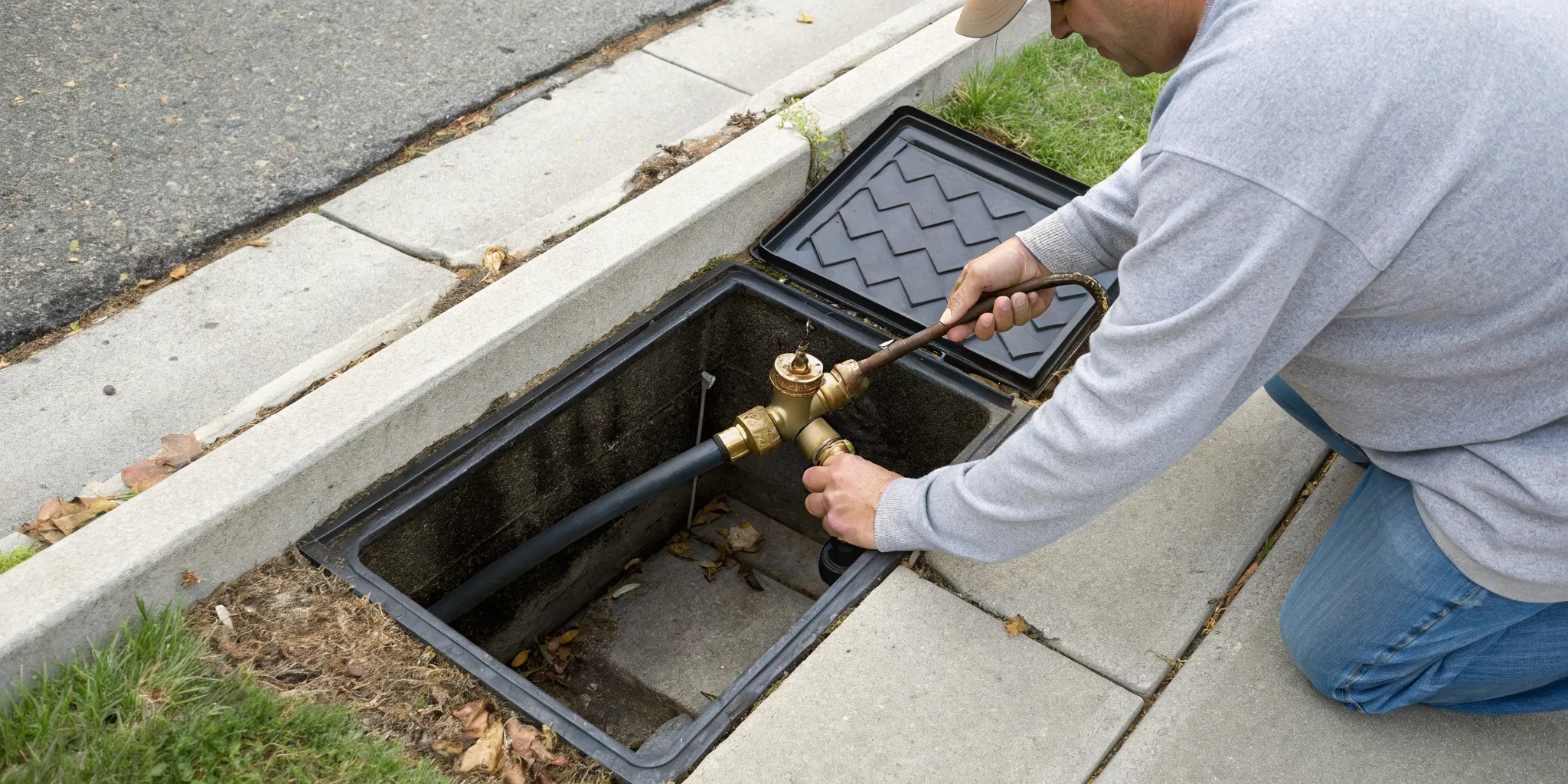 A homeowner using an outside water shut off tool on a curb stop valve.