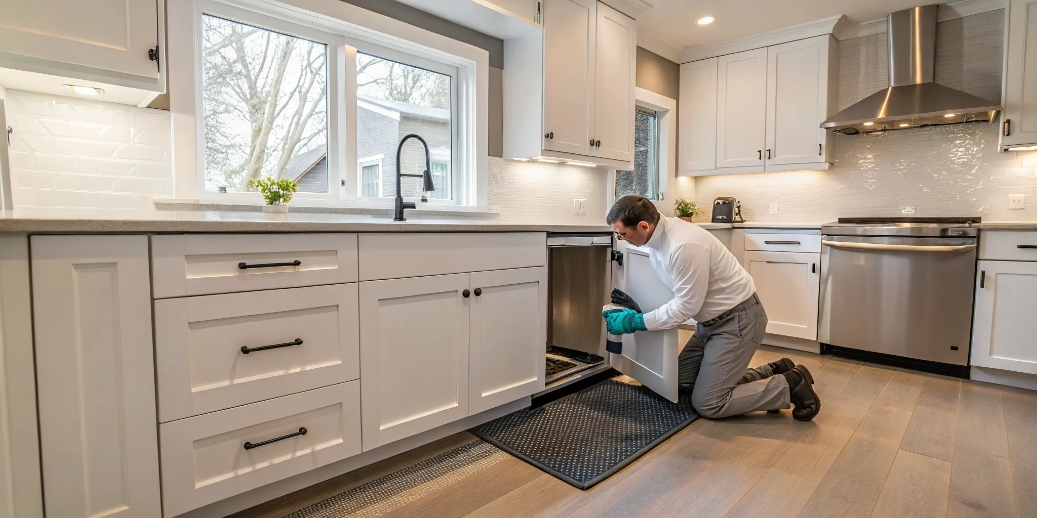 Plumber repairing a garbage disposal in a Royal Oak, MI kitchen.
