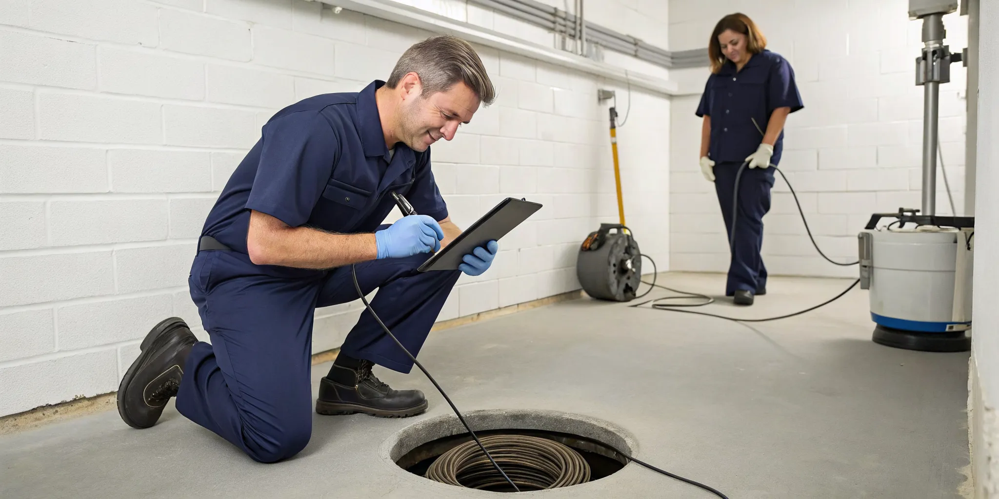 Royal Oak, MI plumber inspects a basement drain with a video camera.