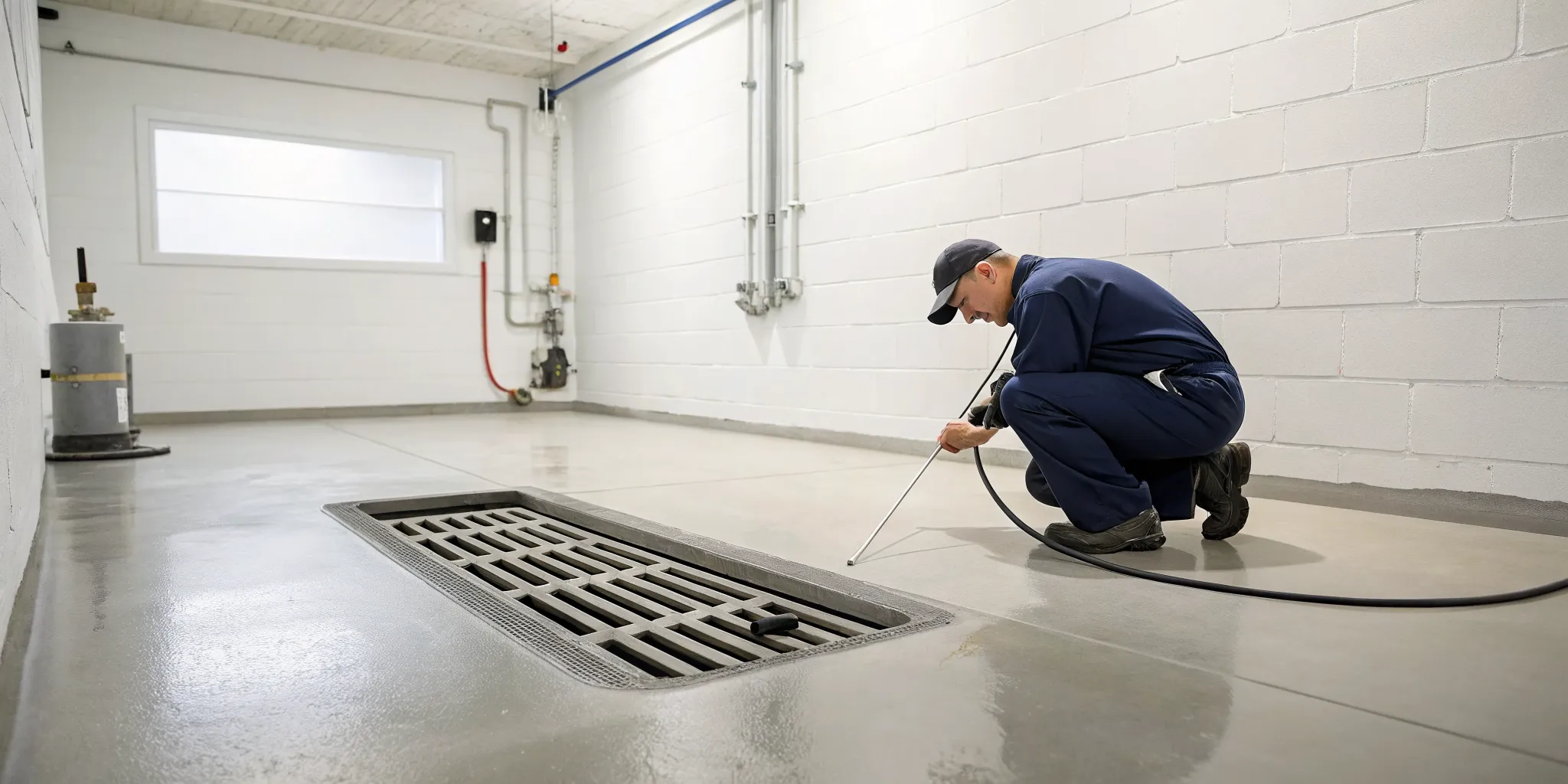 Professional plumber clearing a clogged basement drain in West Bloomfield, MI.