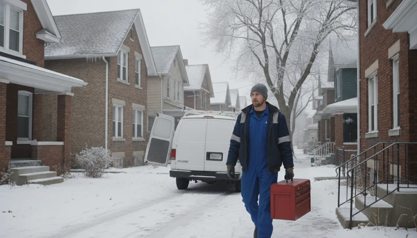 Professional plumber in blue uniform arriving at a Detroit residential home with toolbox