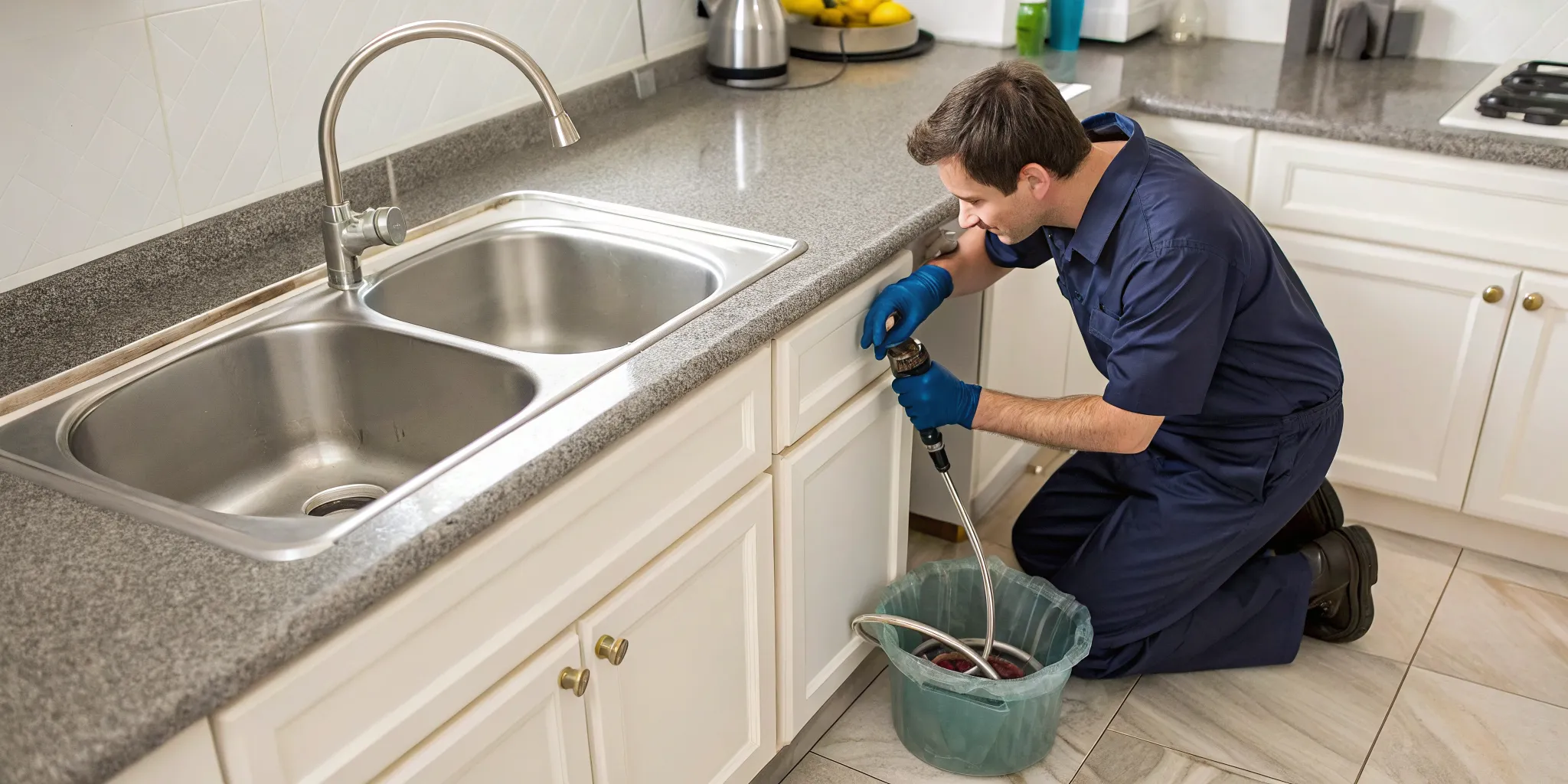 Plumber in Rochester Hills, MI, fixing a clogged kitchen sink drain.