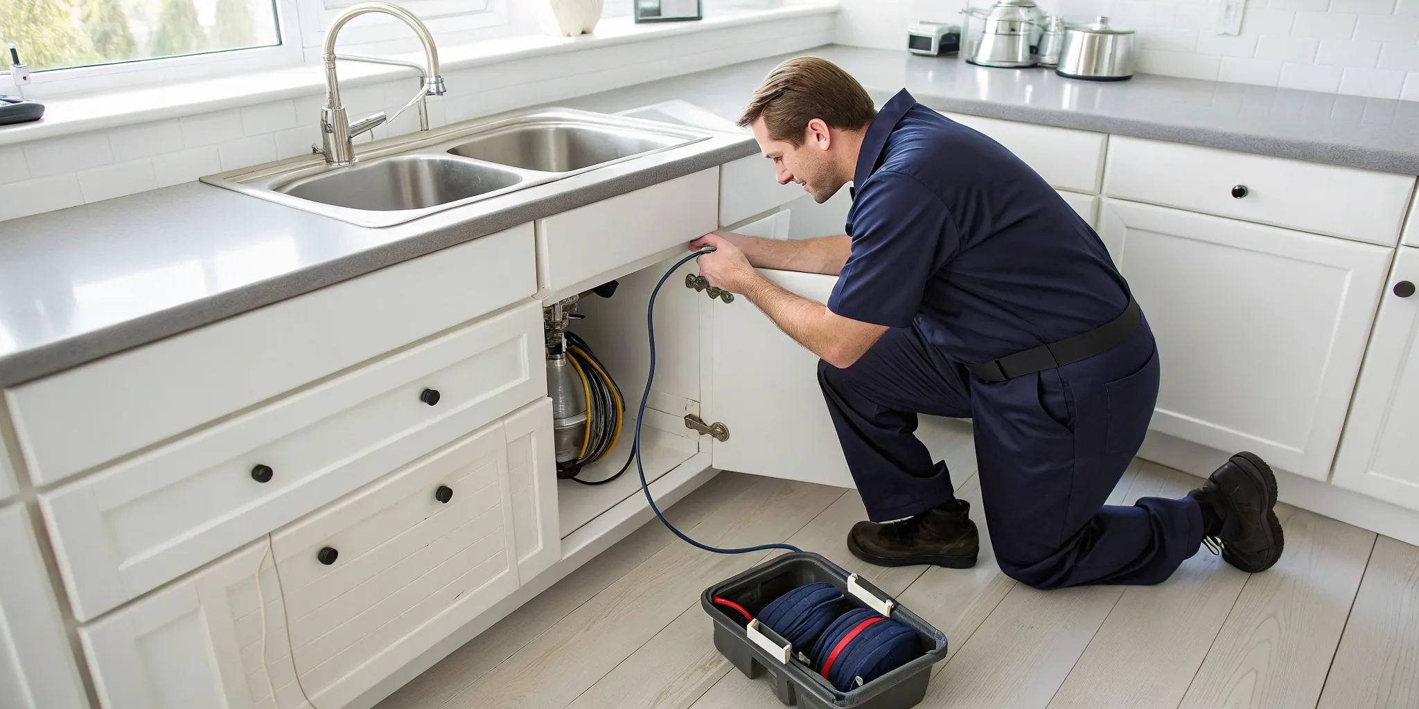 Clogged drain plumber in Royal Oak, MI fixing a blocked kitchen sink.