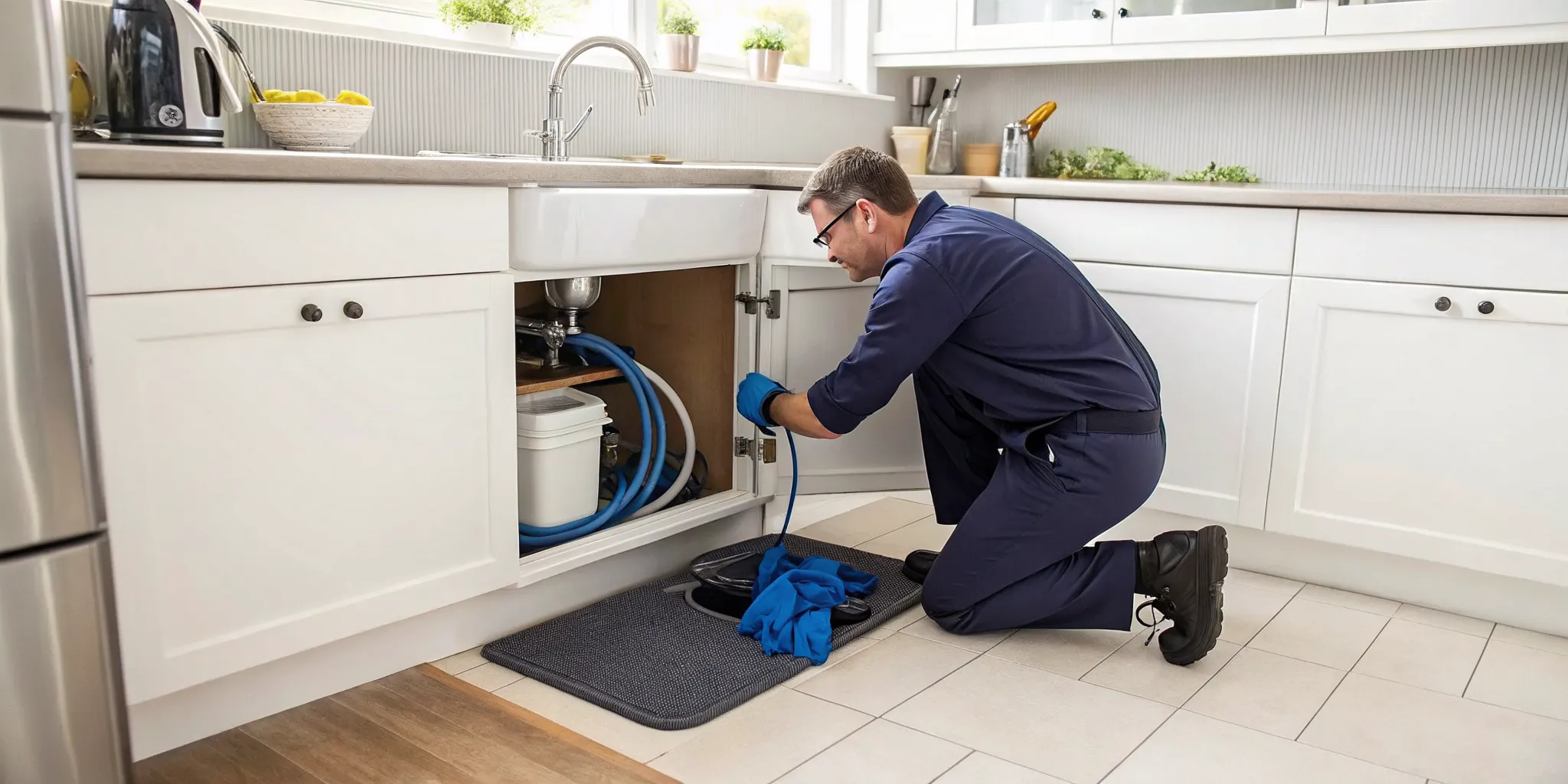 A plumber clears a clogged kitchen drain in West Bloomfield, MI.
