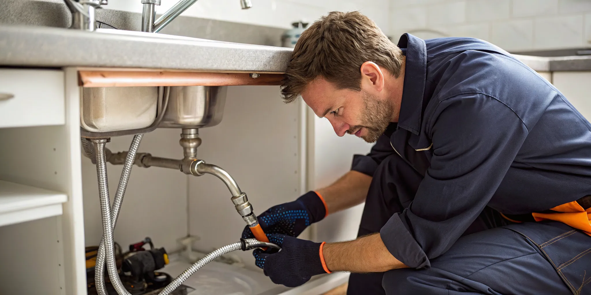 Emergency plumber repairing a burst pipe under a sink in Rochester Hills, MI.