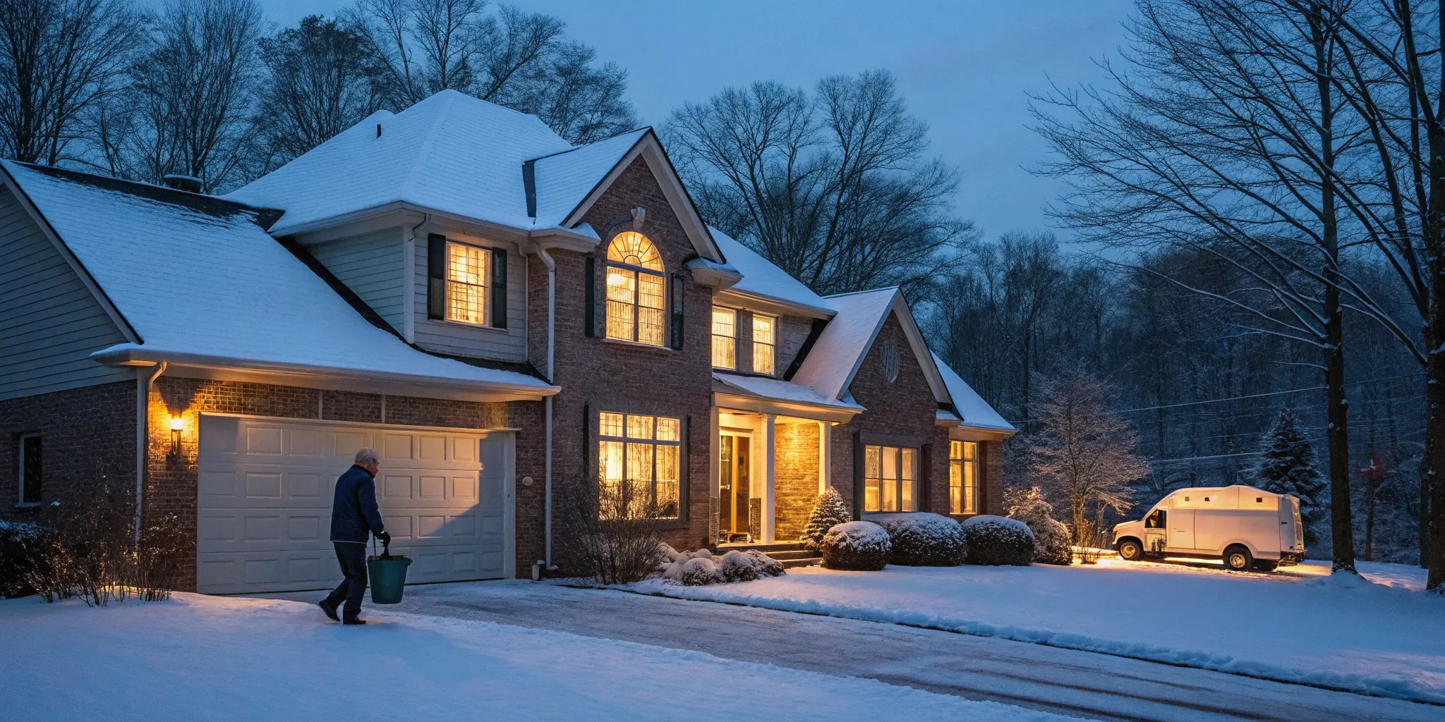 Emergency plumber in West Bloomfield, MI, with a van outside a home on a snowy night.