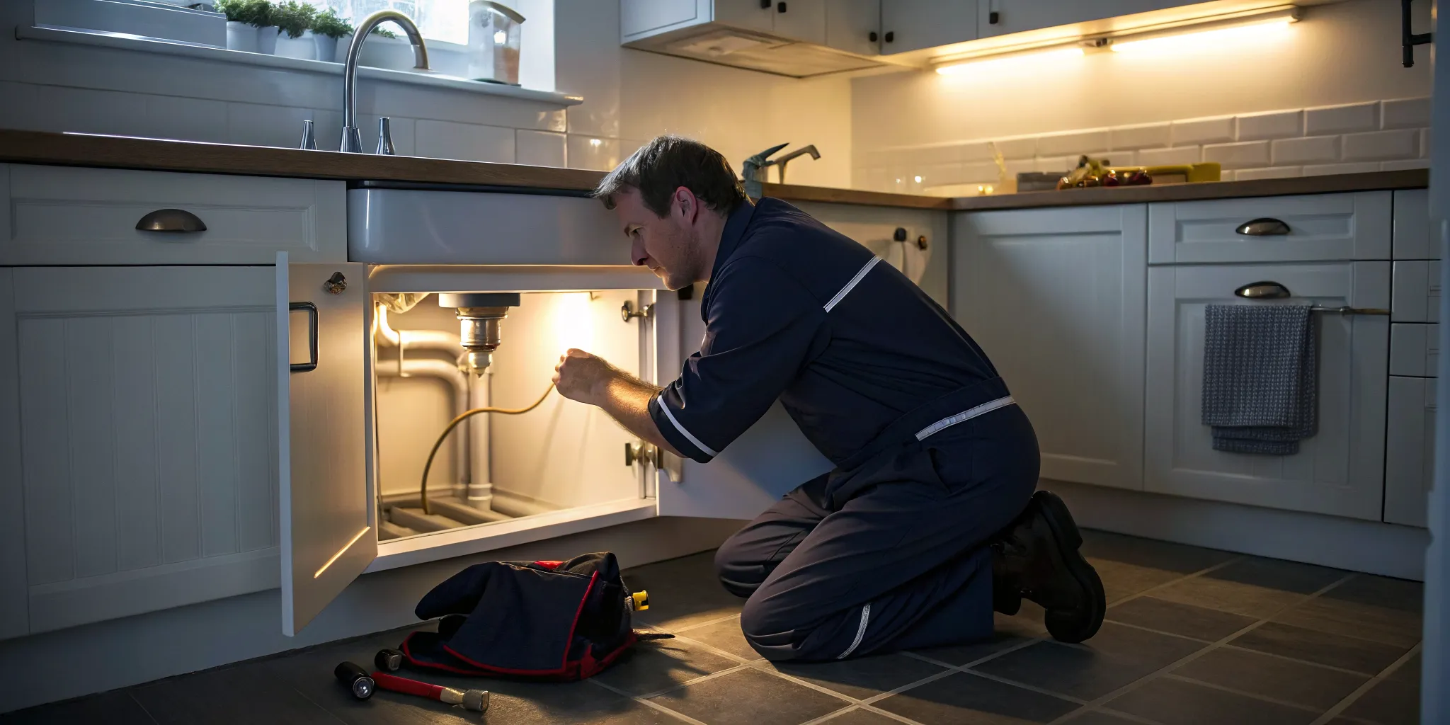 Emergency plumber in West Bloomfield, MI, repairing a leaking kitchen sink pipe.