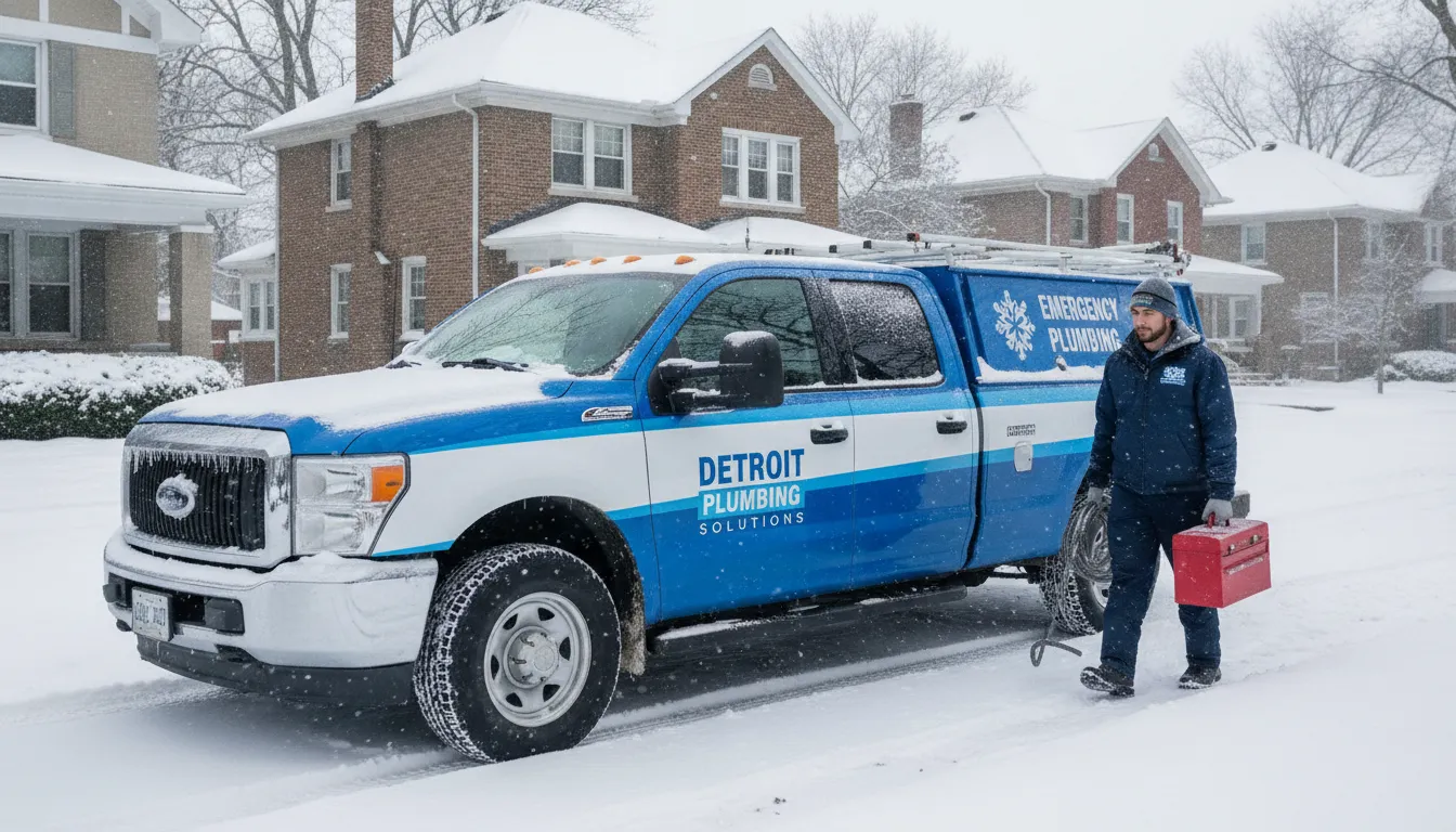 Mr. Pipey plumbing service truck on a snowy Detroit residential street with a uniformed technician carrying a toolbox