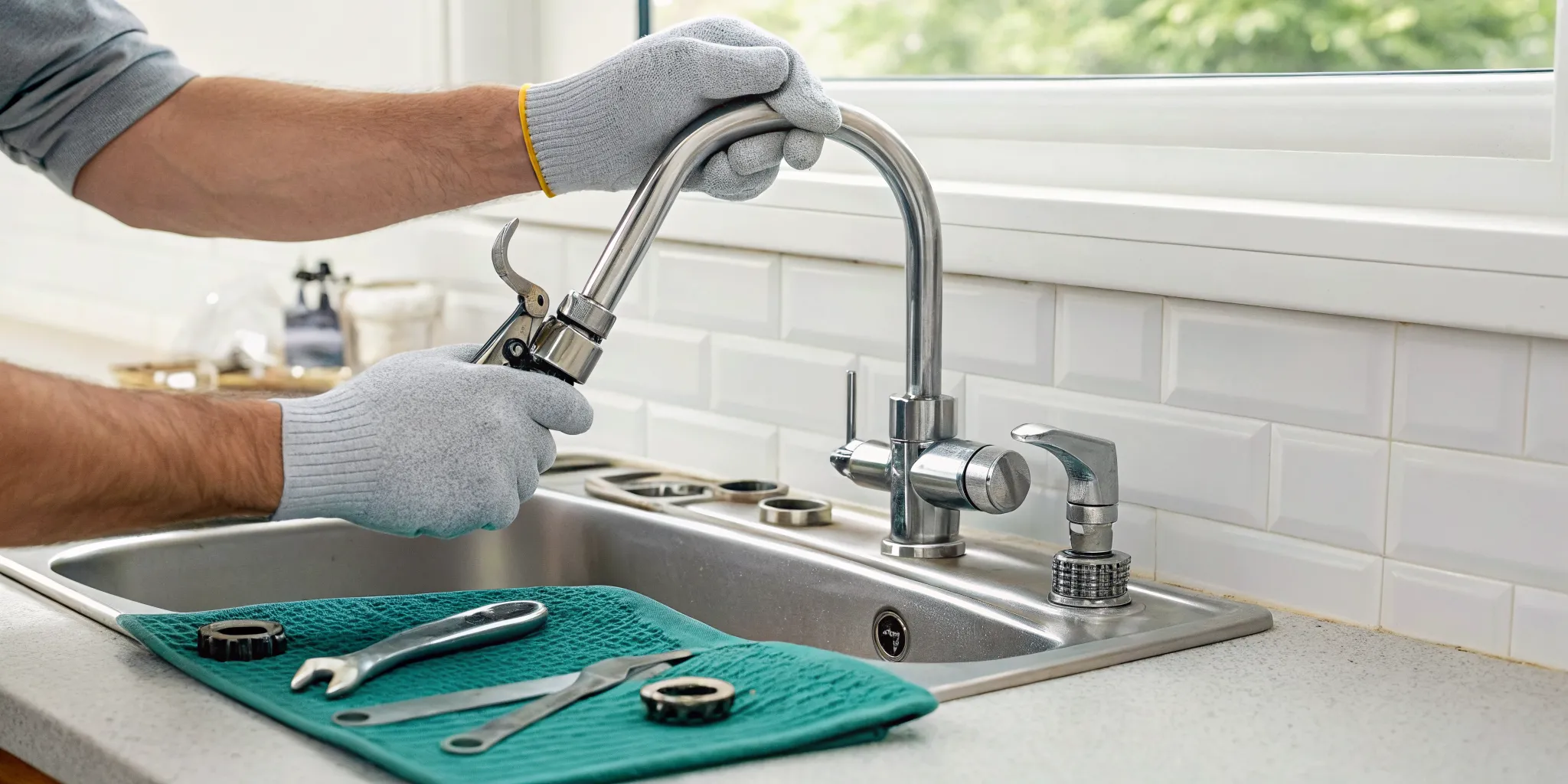 Plumber performing a faucet repair on a kitchen sink in Rochester Hills, MI.