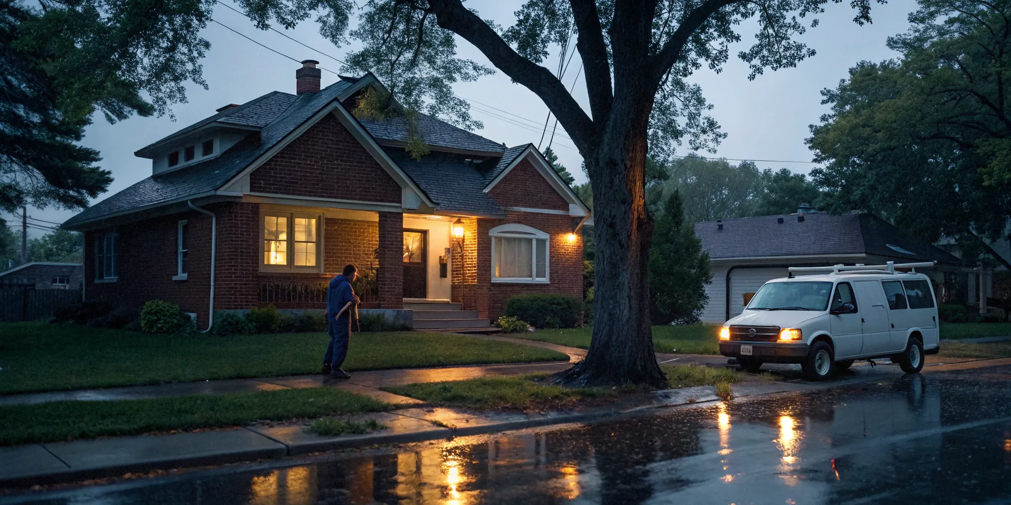 Emergency plumber arriving for a nighttime service call at a home in Royal Oak, MI.