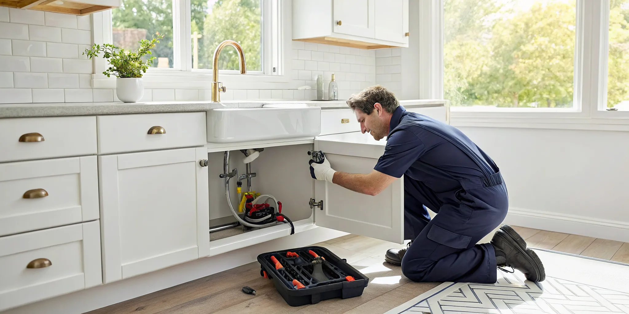 A West Bloomfield, MI plumber repairs a kitchen sink.