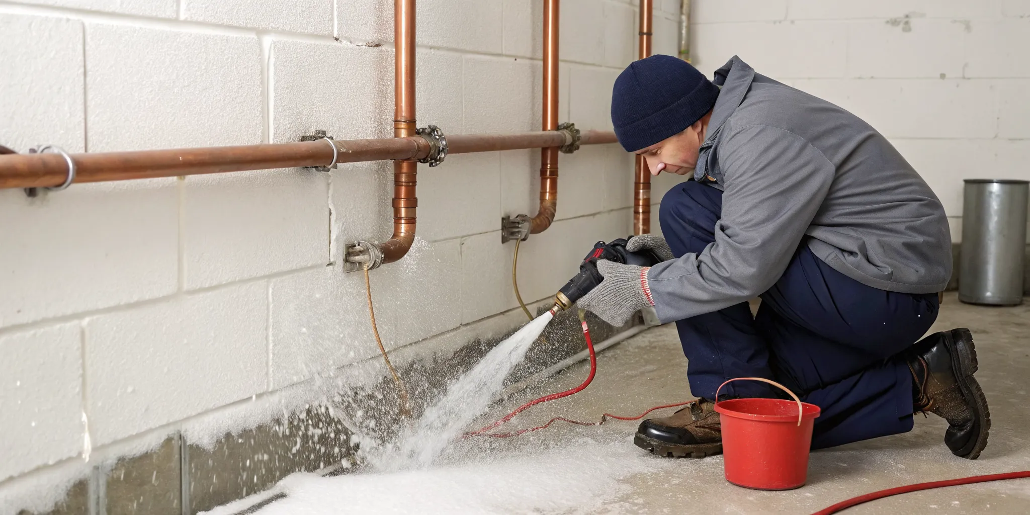 Plumber performing a frozen pipe repair in a Pontiac, MI basement.