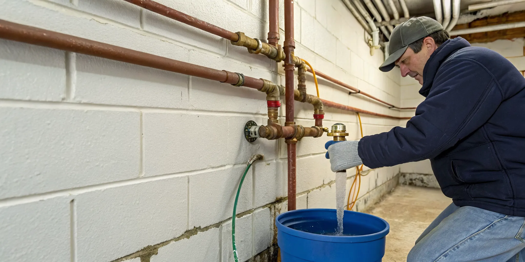 Plumber repairing a leaking frozen pipe in a Rochester Hills, MI home.