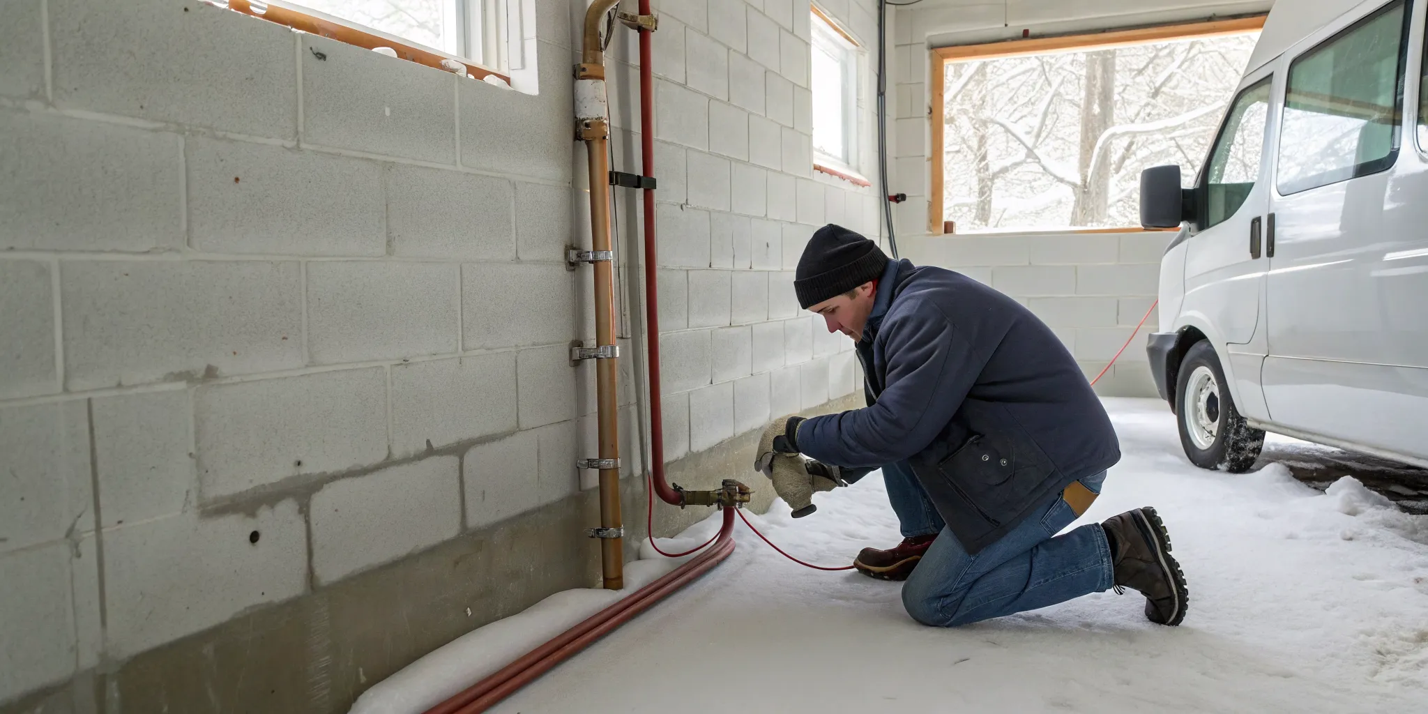 Plumber repairs a frozen pipe for a home in West Bloomfield, MI.