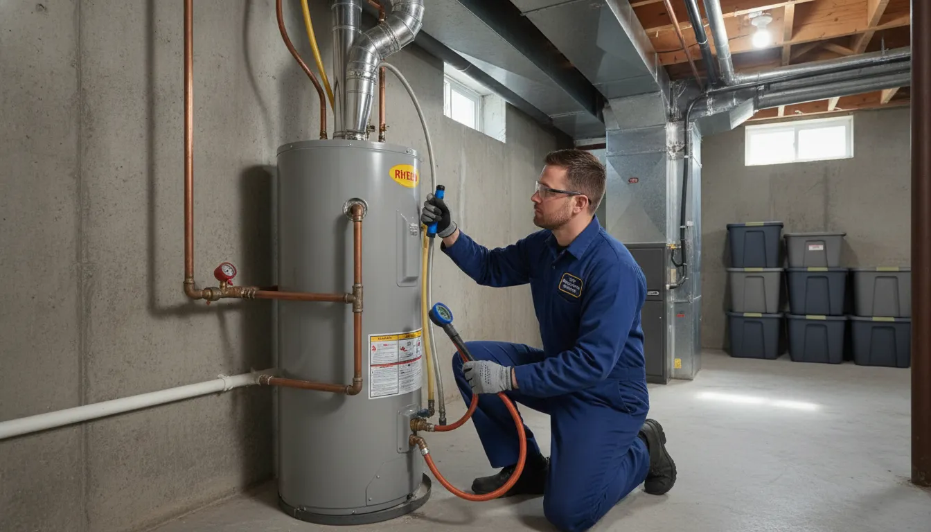 Professional plumber inspecting pipes and water heater in a Detroit home basement