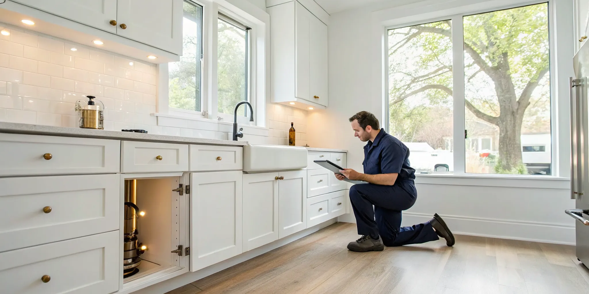 A plumber in Royal Oak, MI, inspects kitchen sink pipes.