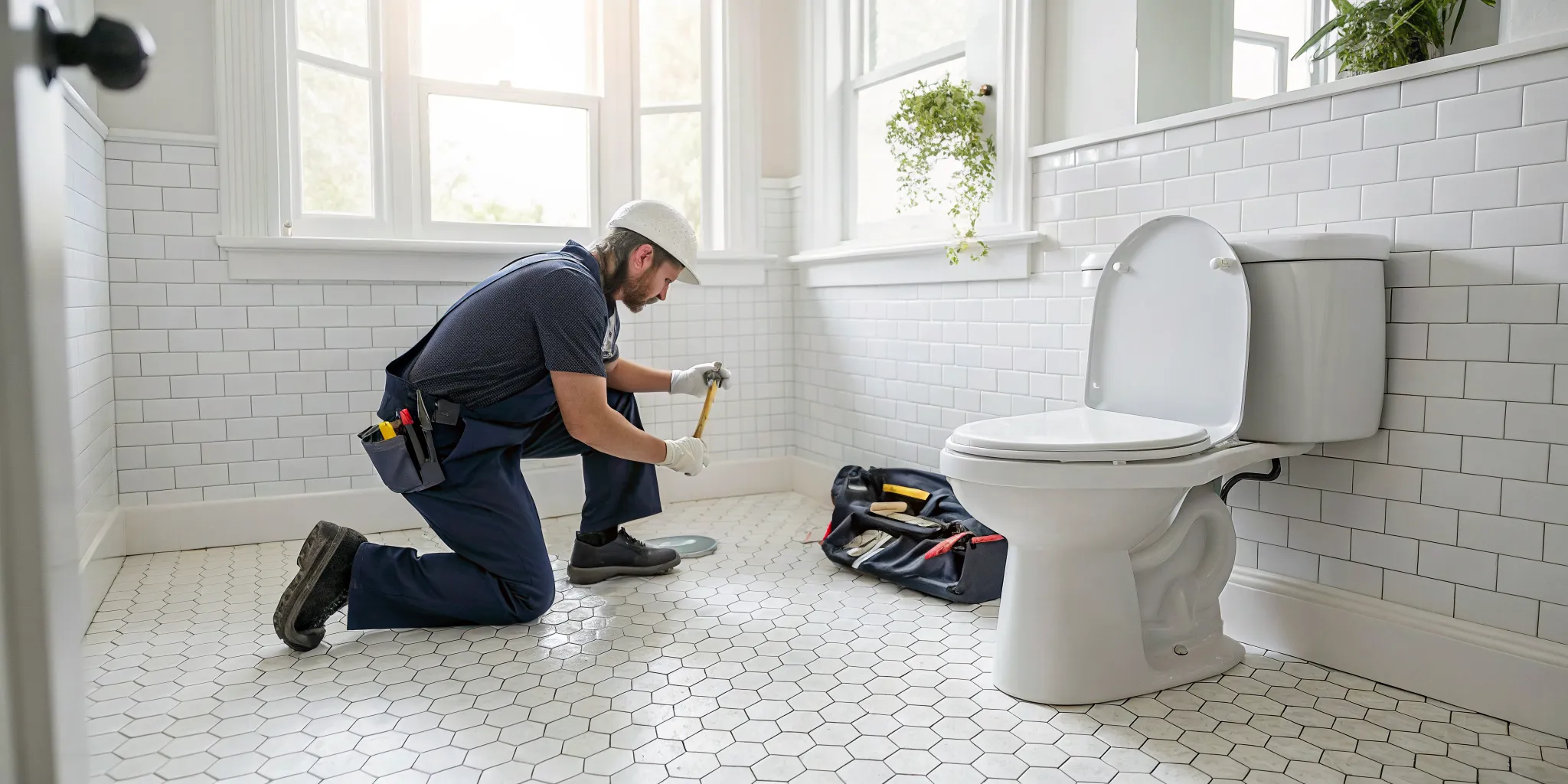 A plumber works on a toilet repair in a Rochester Hills, MI home.