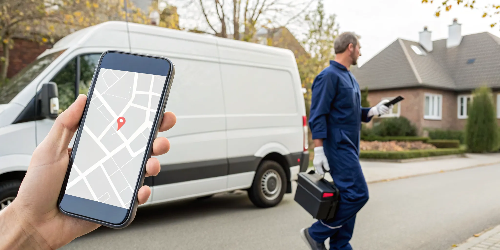 A plumber in West Bloomfield, MI, with a service van, toolbox, and map for a local service call.