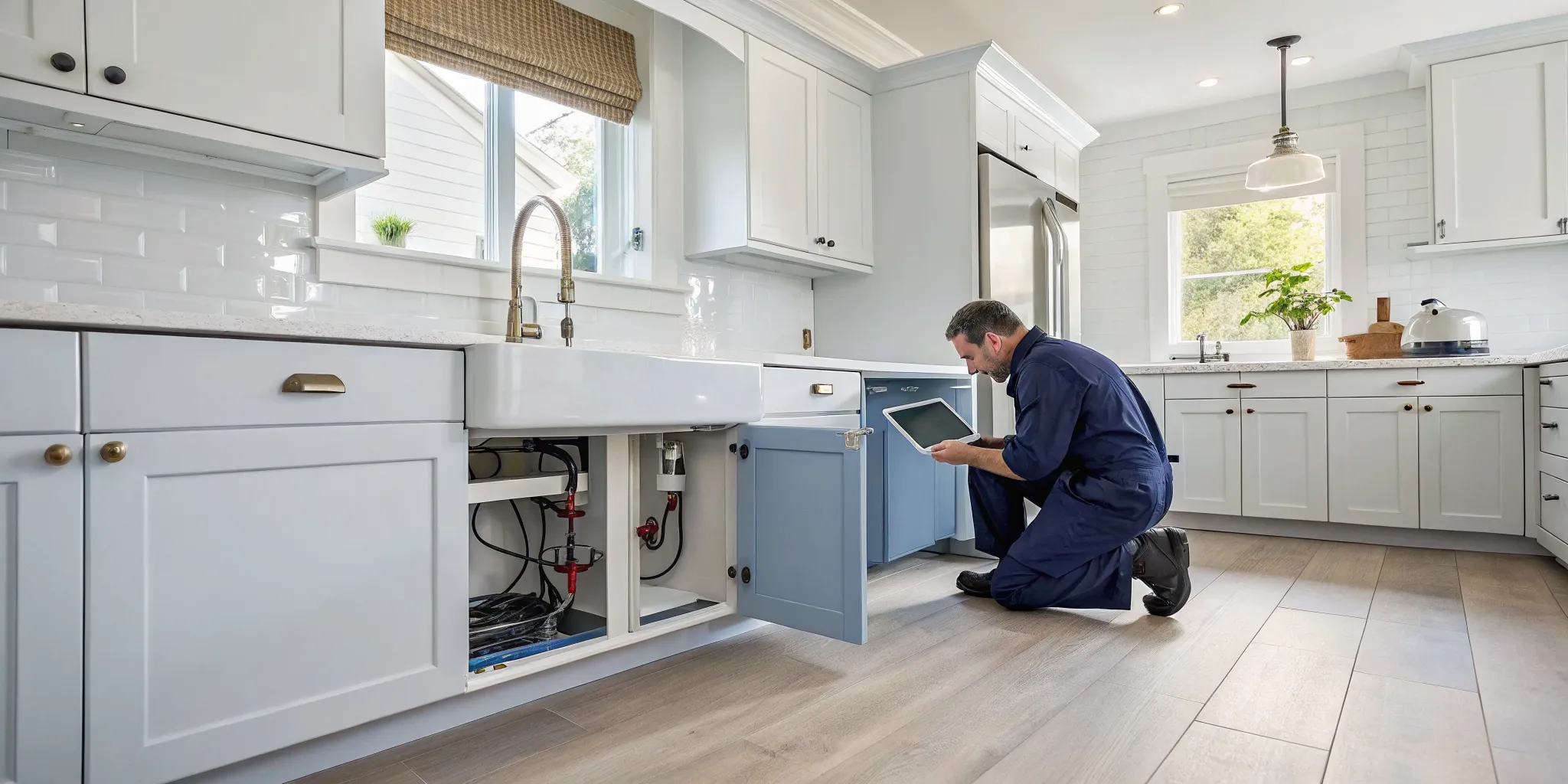 A plumber in Rochester Hills, MI, repairs pipes under a kitchen sink.