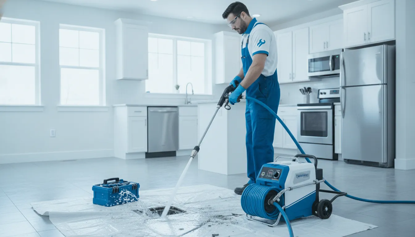 Professional plumber using high-pressure water jetting equipment to clean a residential drain line in Detroit