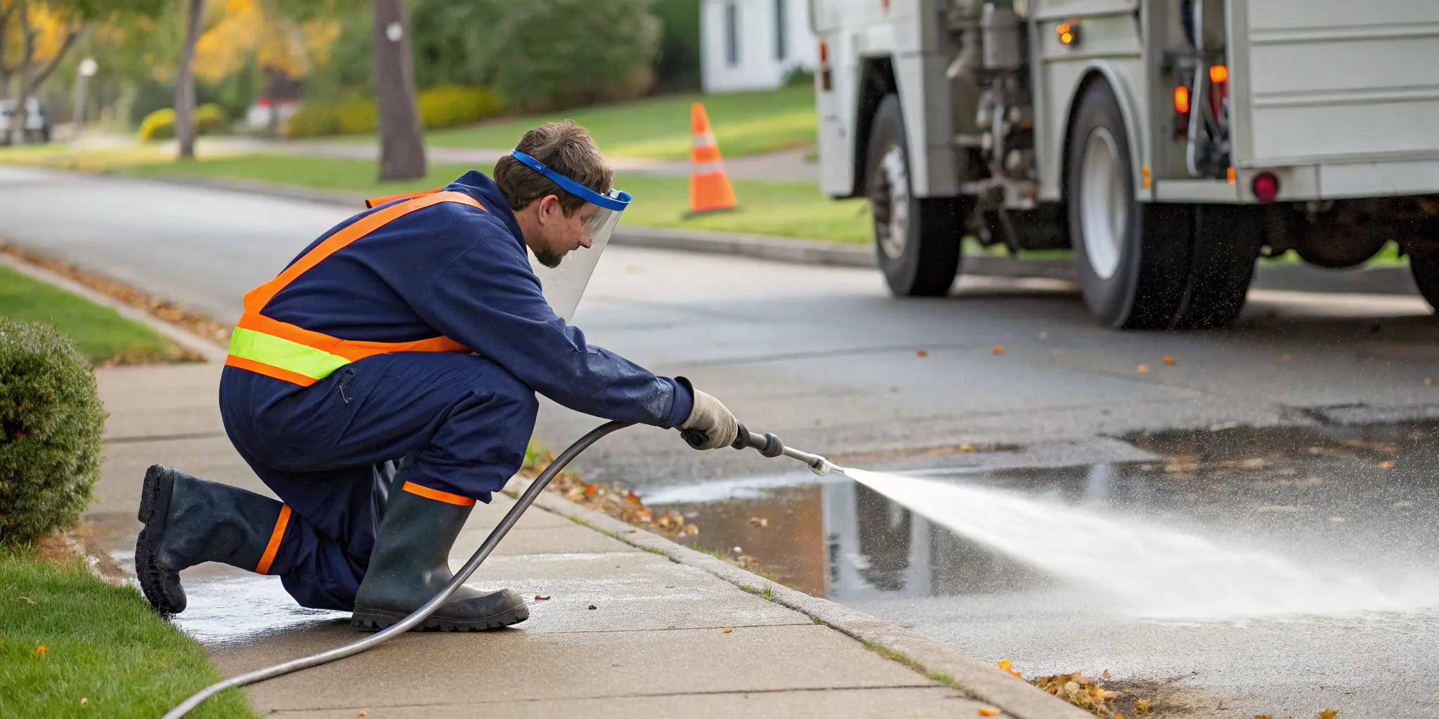 A plumber performing hydro jetting on a main drain line in Ferndale, MI.