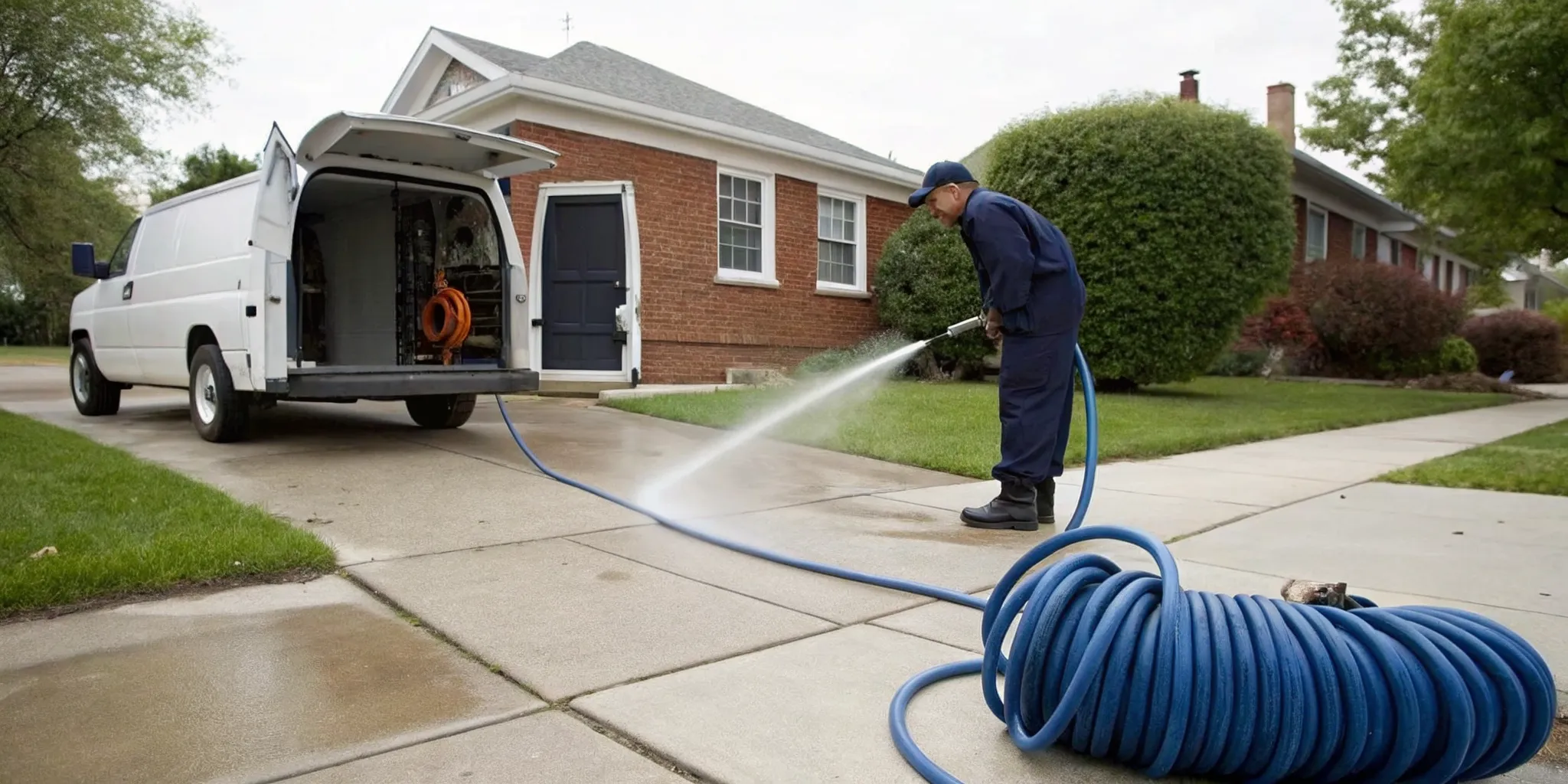 Hydro jetting a clogged residential drain pipe with a high-pressure hose in Royal Oak, MI.