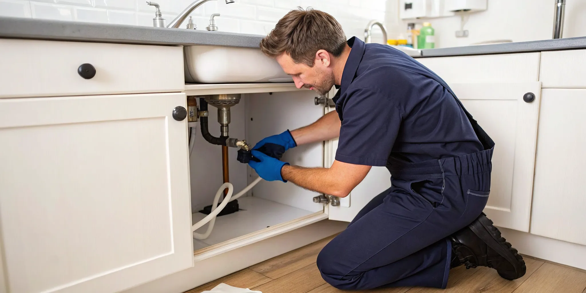 Leaking pipe repair by a plumber under a kitchen sink in Royal Oak, MI.