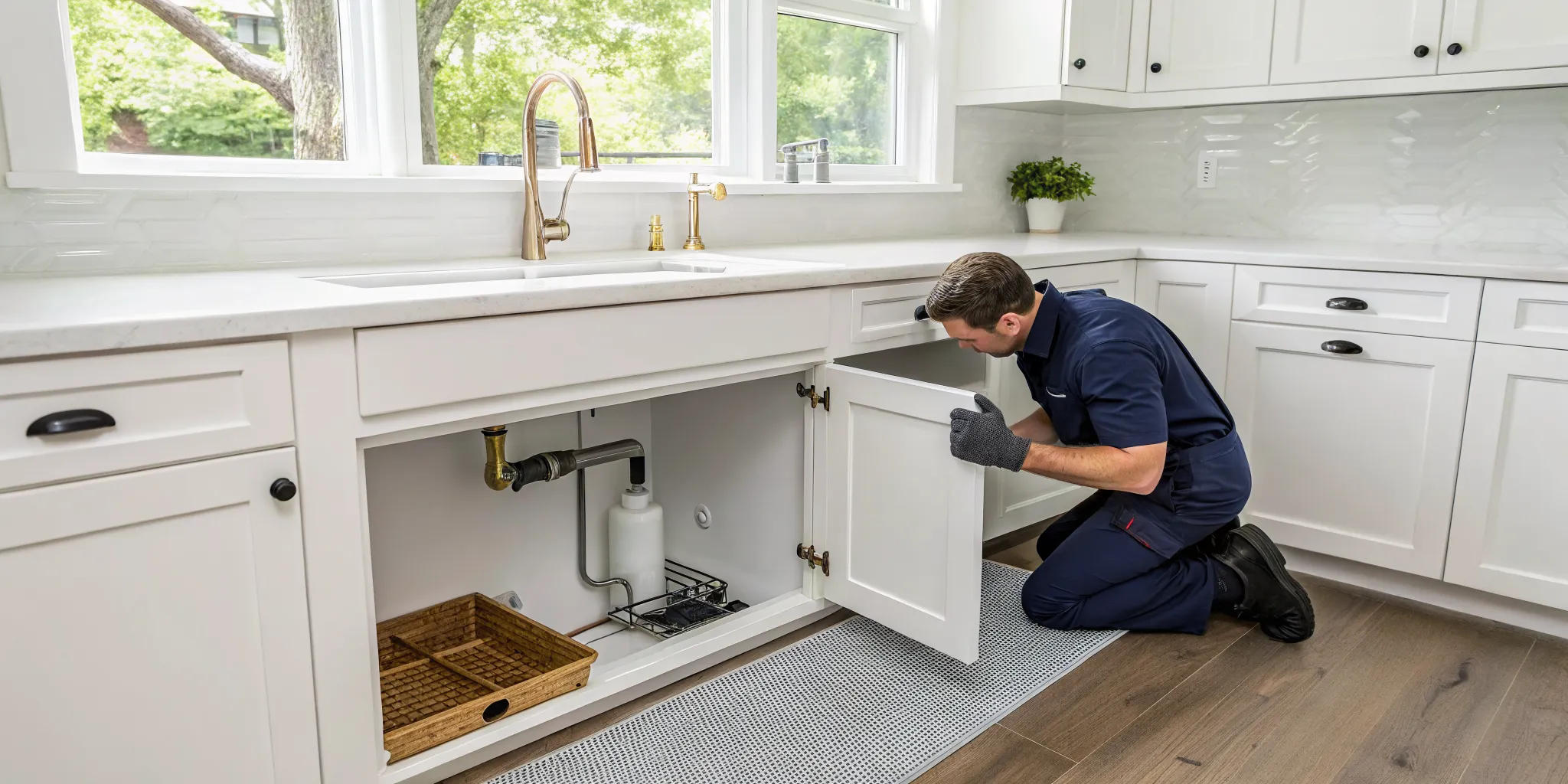 Plumber fixing a leaking pipe under a sink in West Bloomfield, MI.