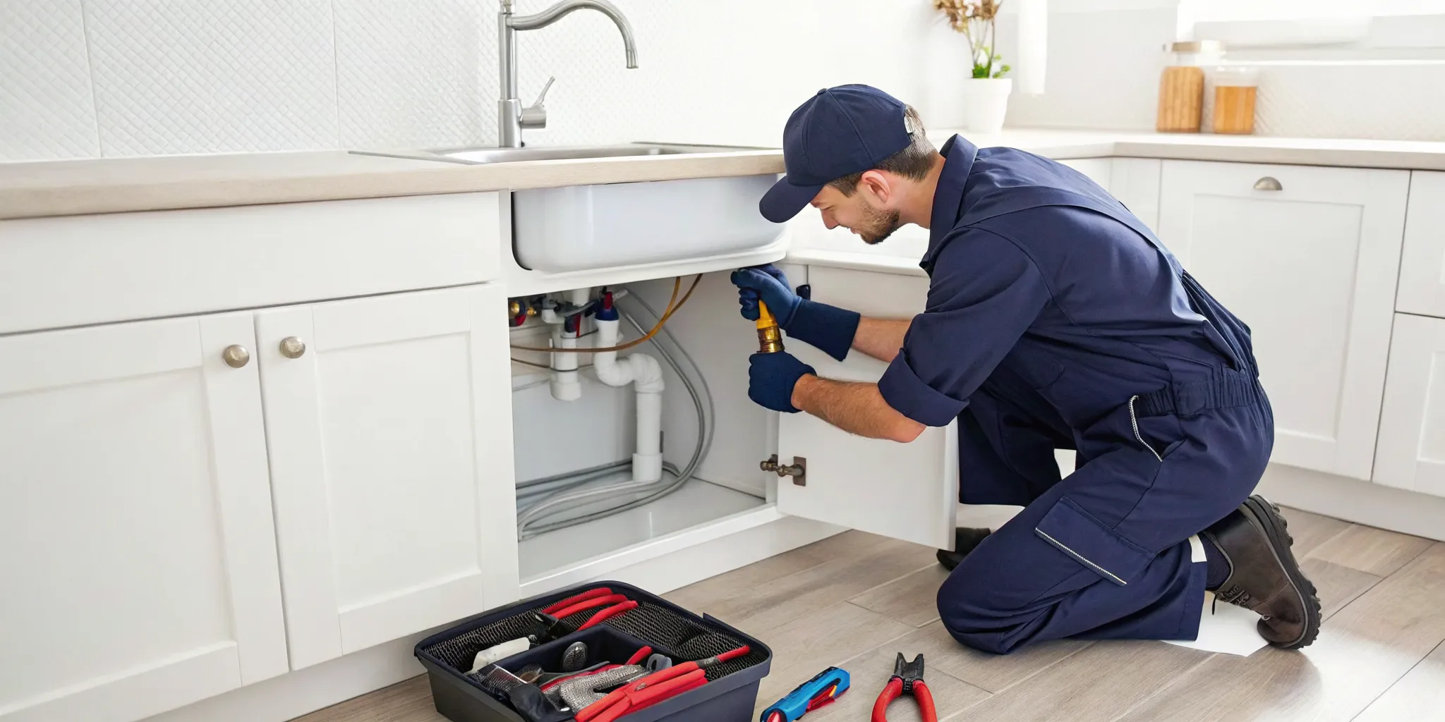 A plumber in Royal Oak, MI, repairs a leaky kitchen sink pipe.