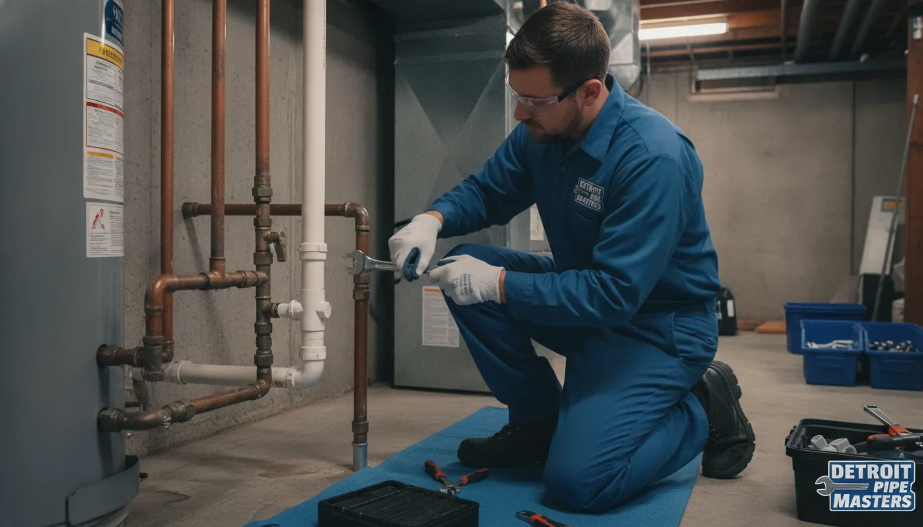 Professional plumber in blue uniform repairing a pipe in a Detroit home basement