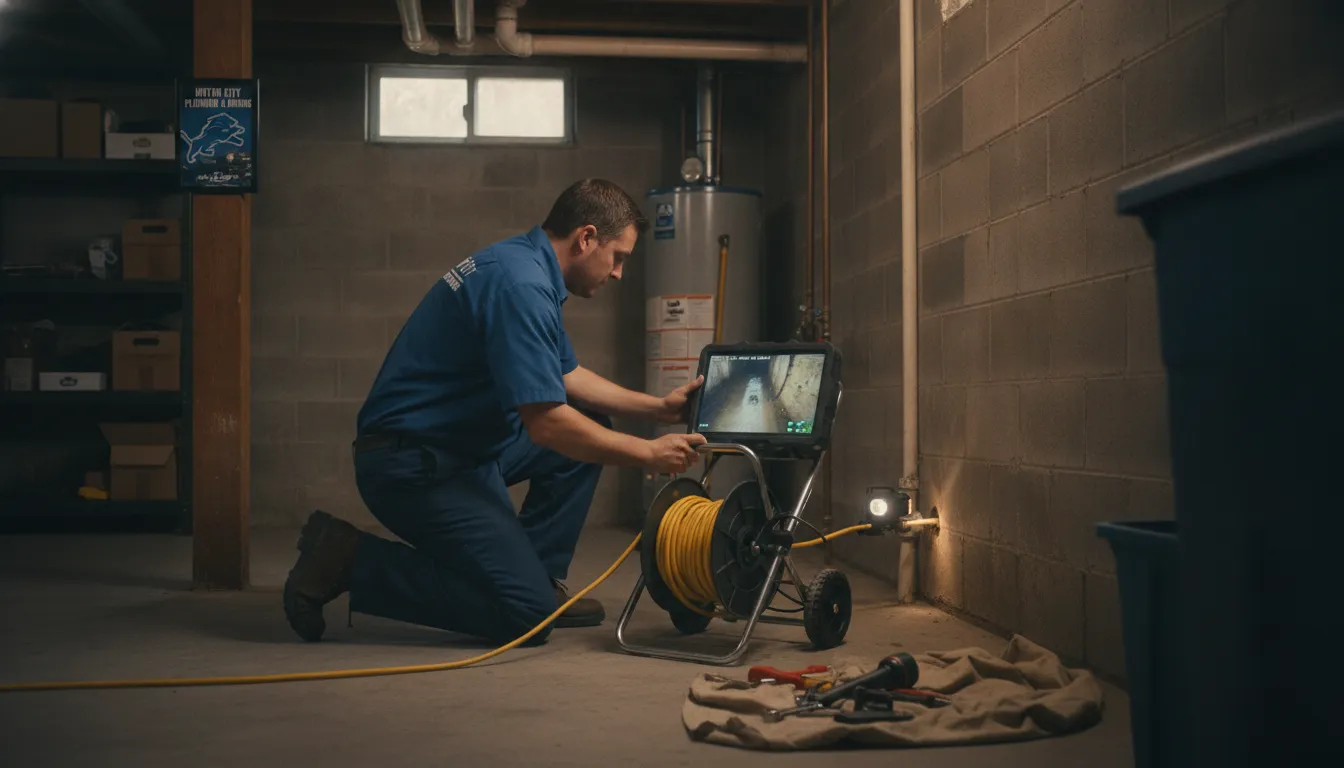 Professional plumber using sewer camera inspection equipment with monitor showing underground pipe video feed