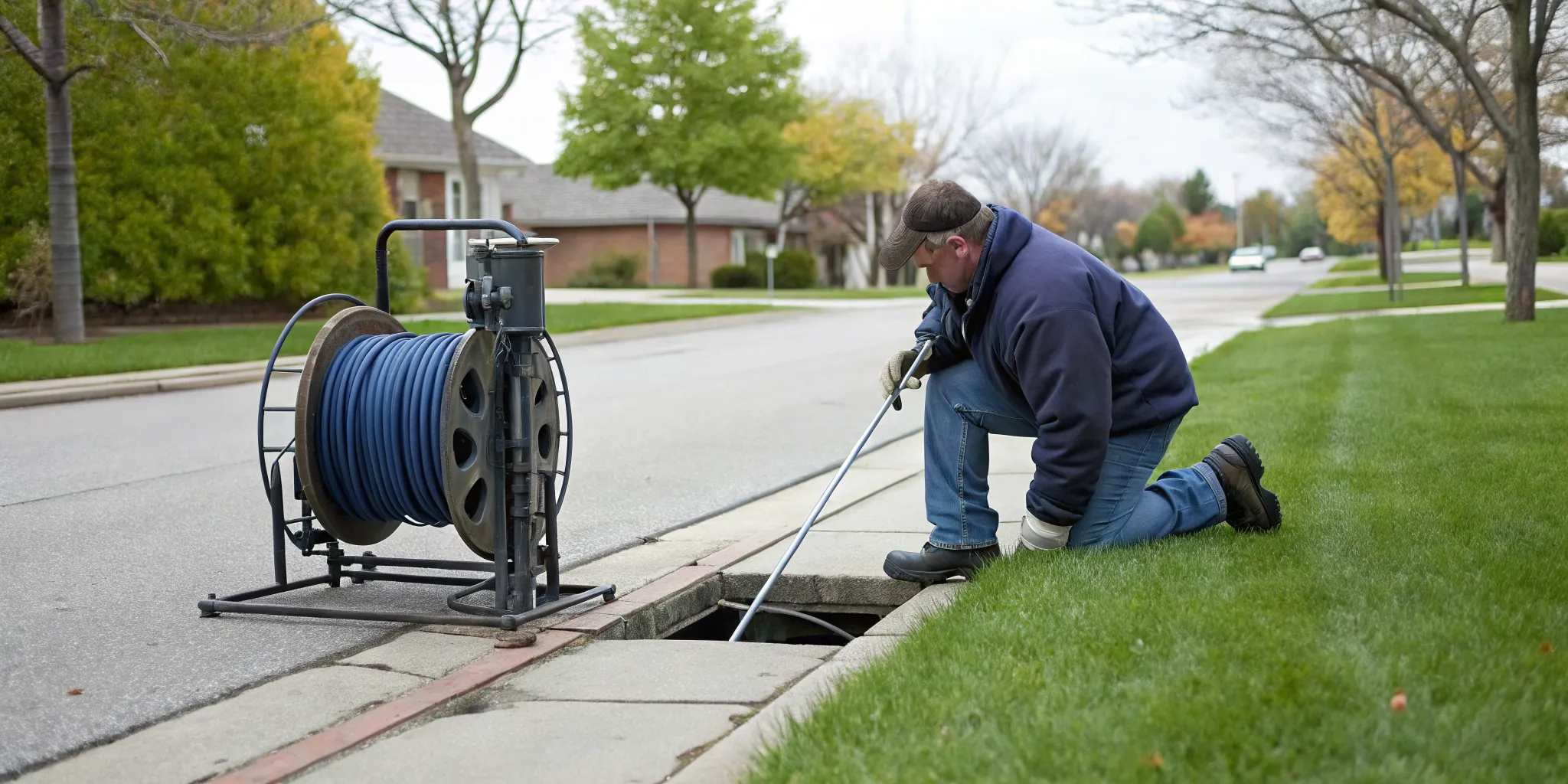 Plumber performing a sewer camera inspection for a home in West Bloomfield, MI.