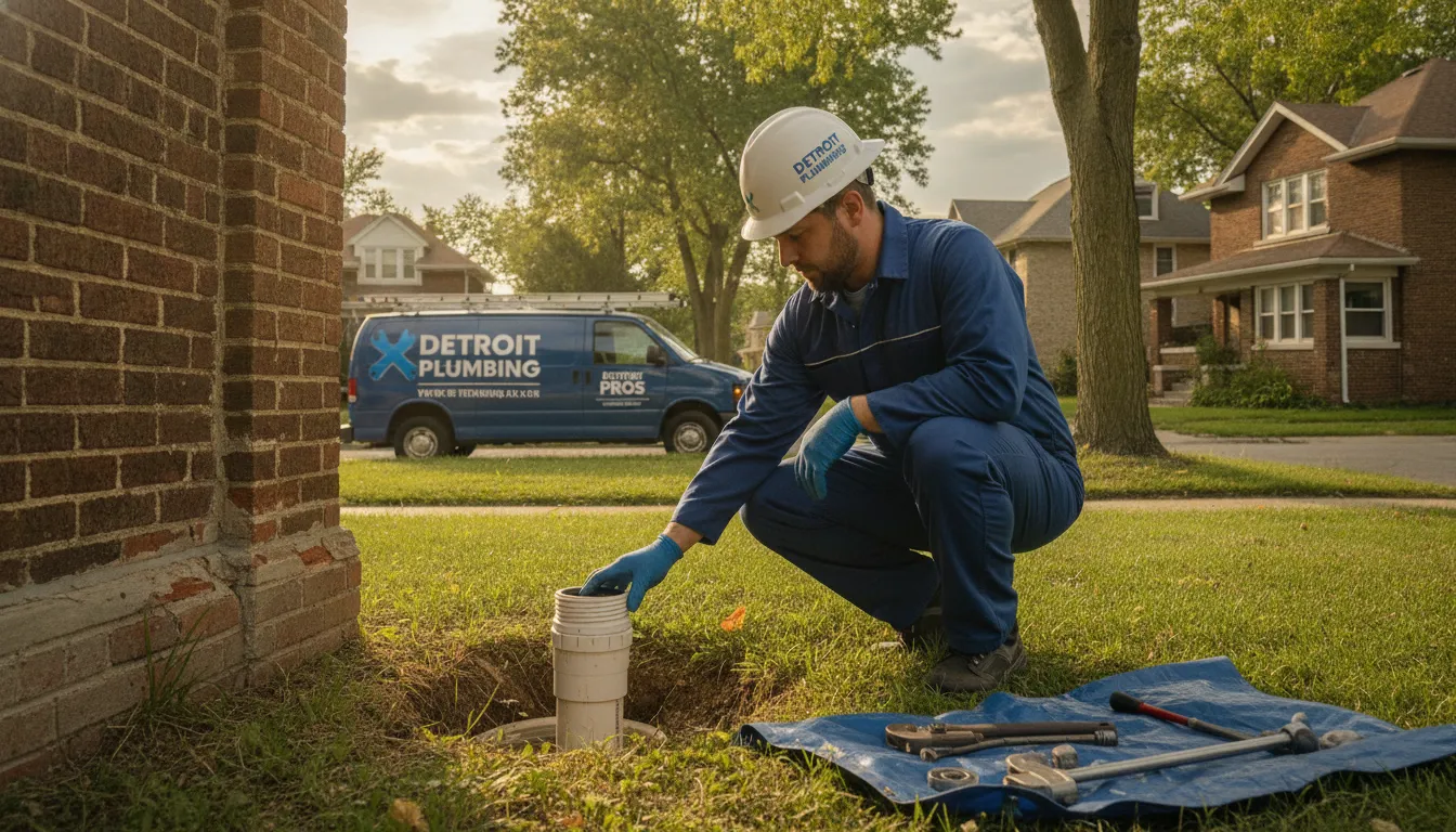 Professional plumber inspecting a residential sewer cleanout pipe in a Detroit neighborhood