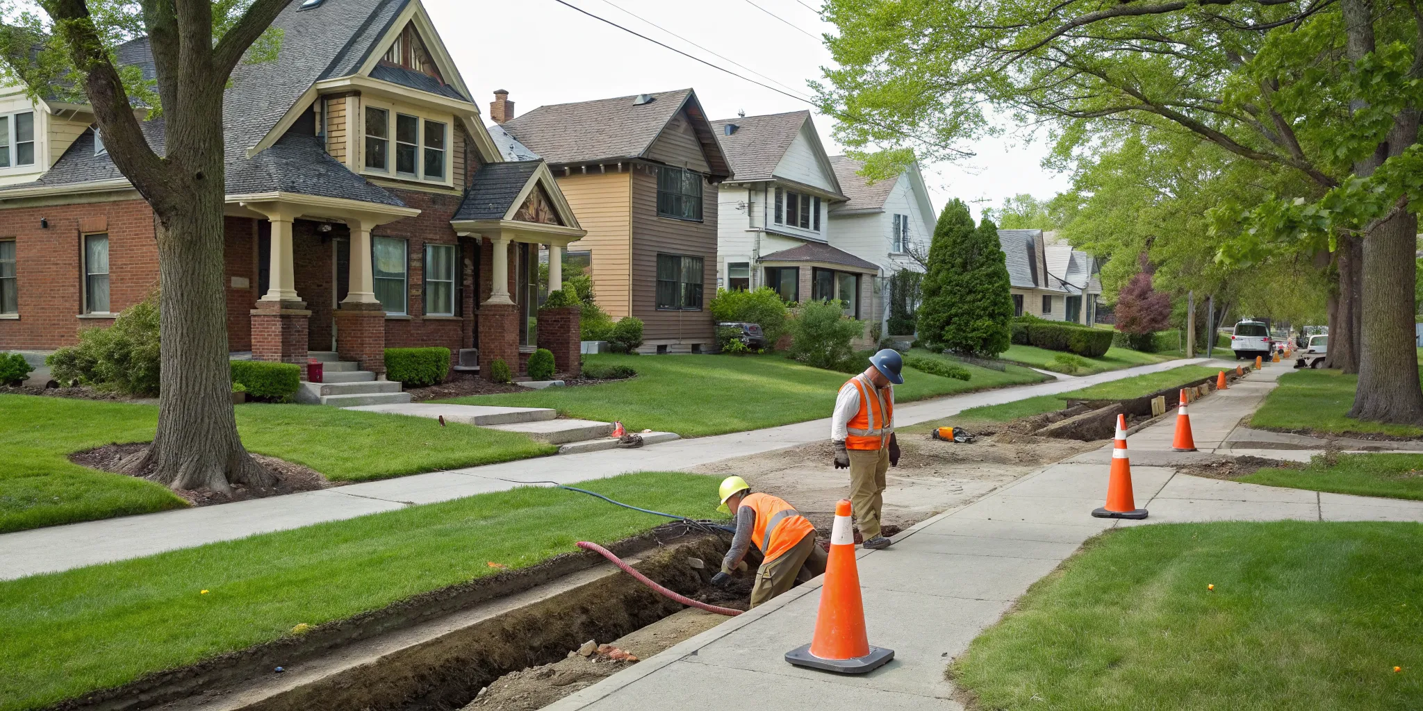 Sewer repair crew working on a residential pipe line in Ferndale, MI.