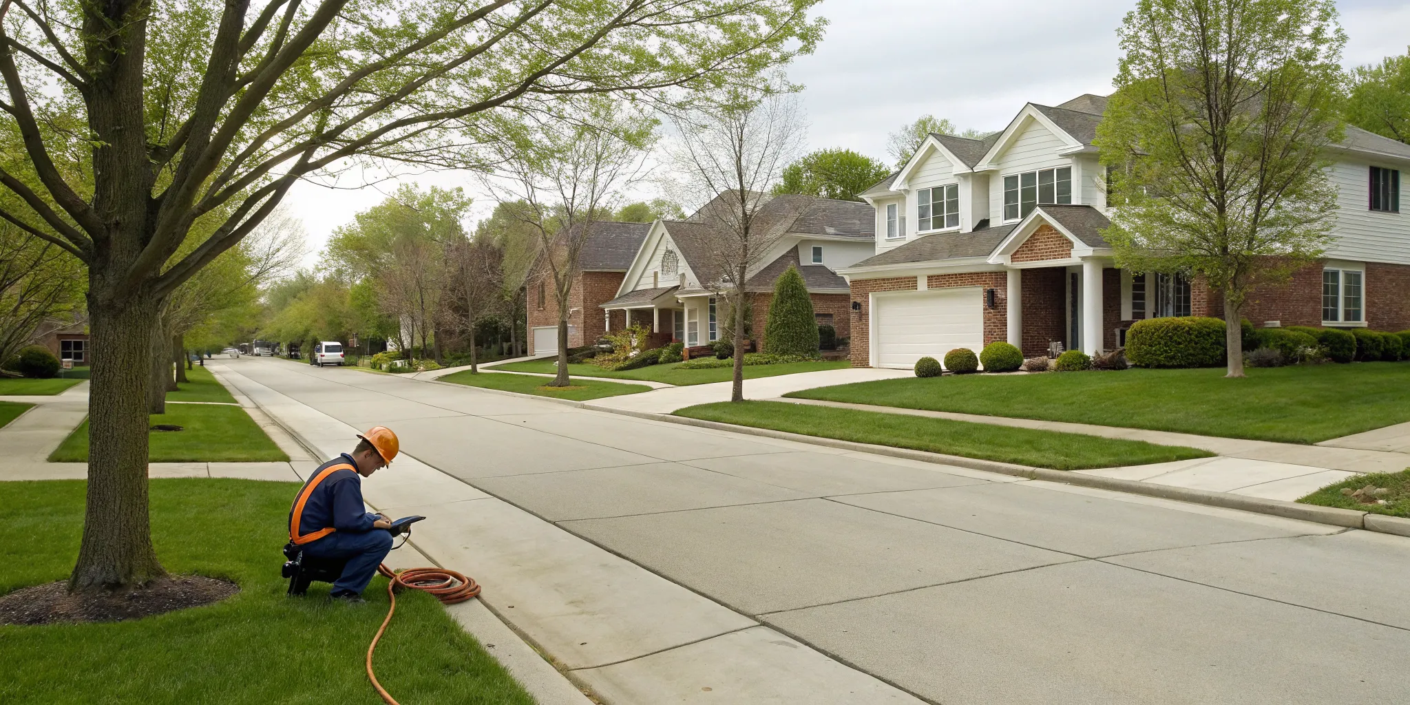 Sewer repair technician working on a residential lawn in West Bloomfield, MI.