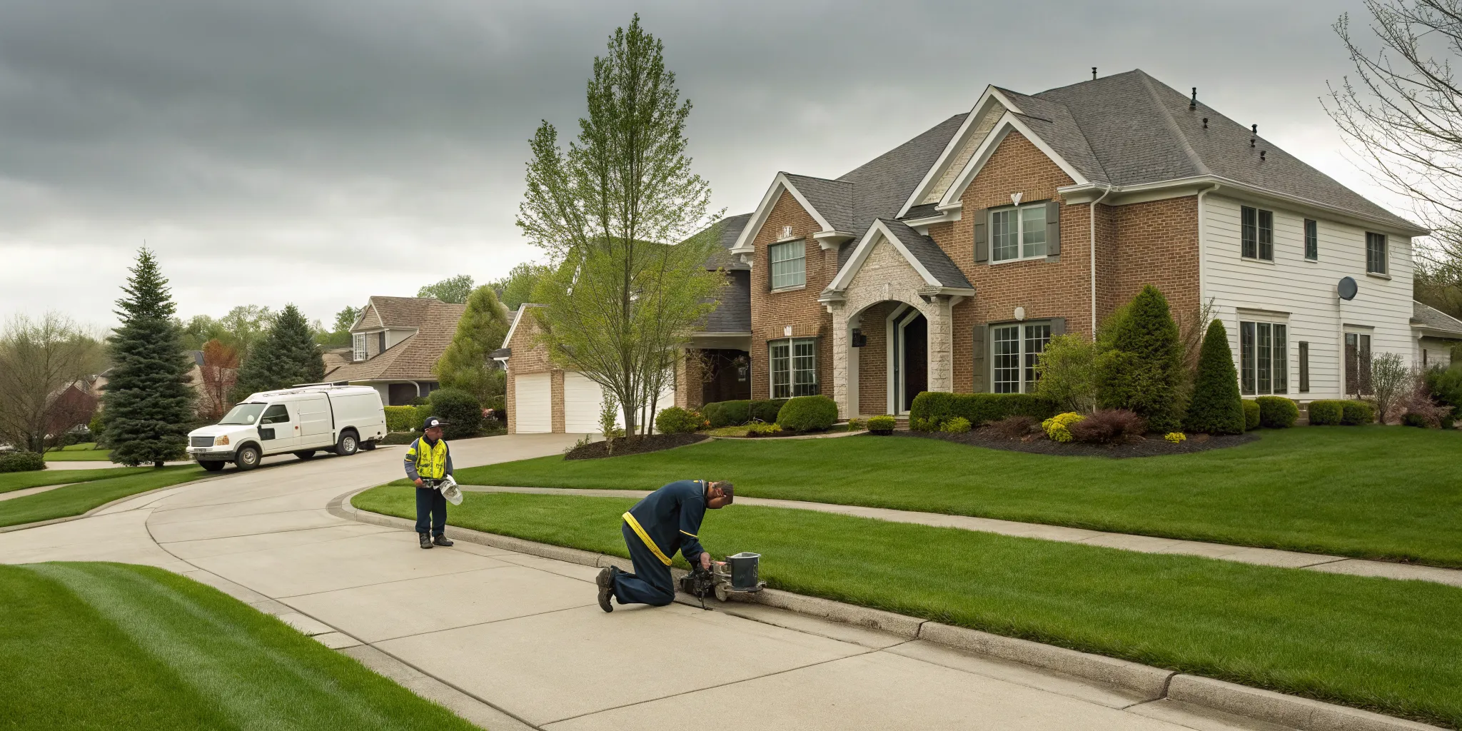 Sewer repair technicians working outside a home in West Bloomfield, MI.