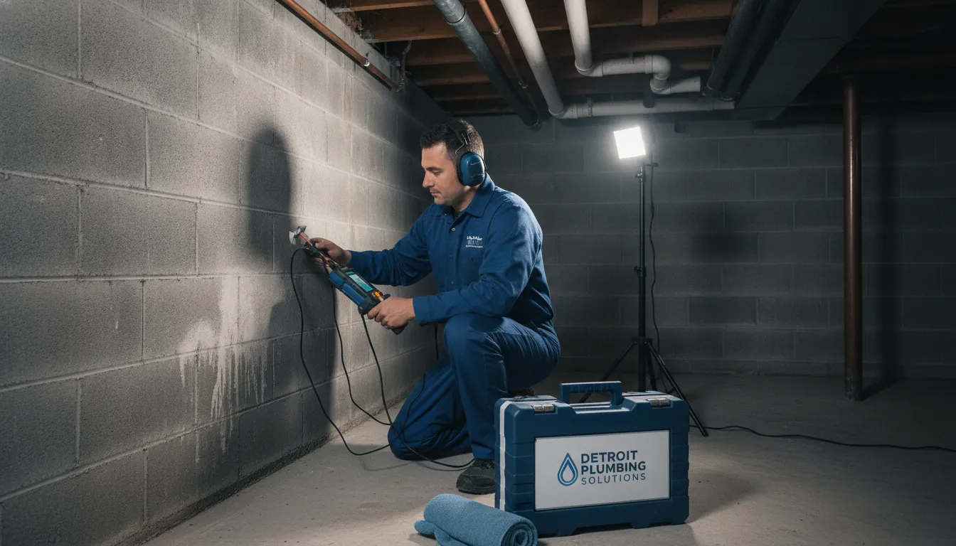 Professional plumber using leak detection equipment in a Detroit home basement