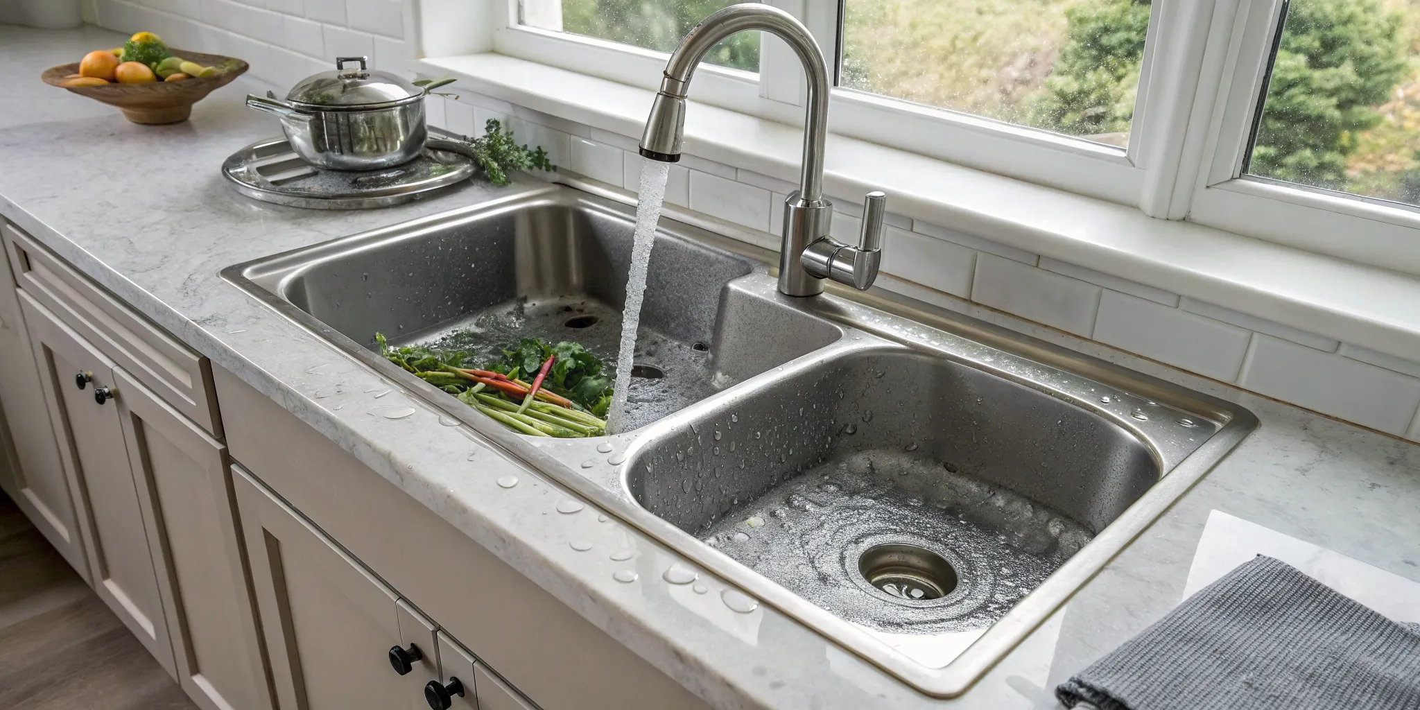 Water backing up in a kitchen sink from a clogged drain, a problem for a plumber in West Bloomfield, MI.