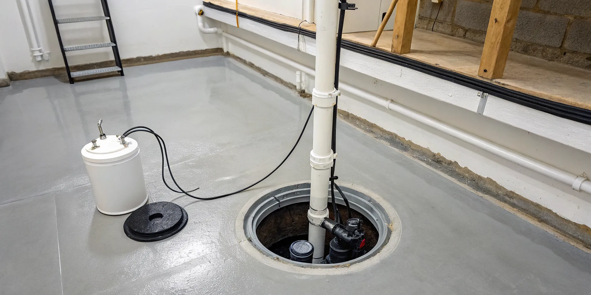 Sump pump installation with a battery backup in a Royal Oak, MI basement.