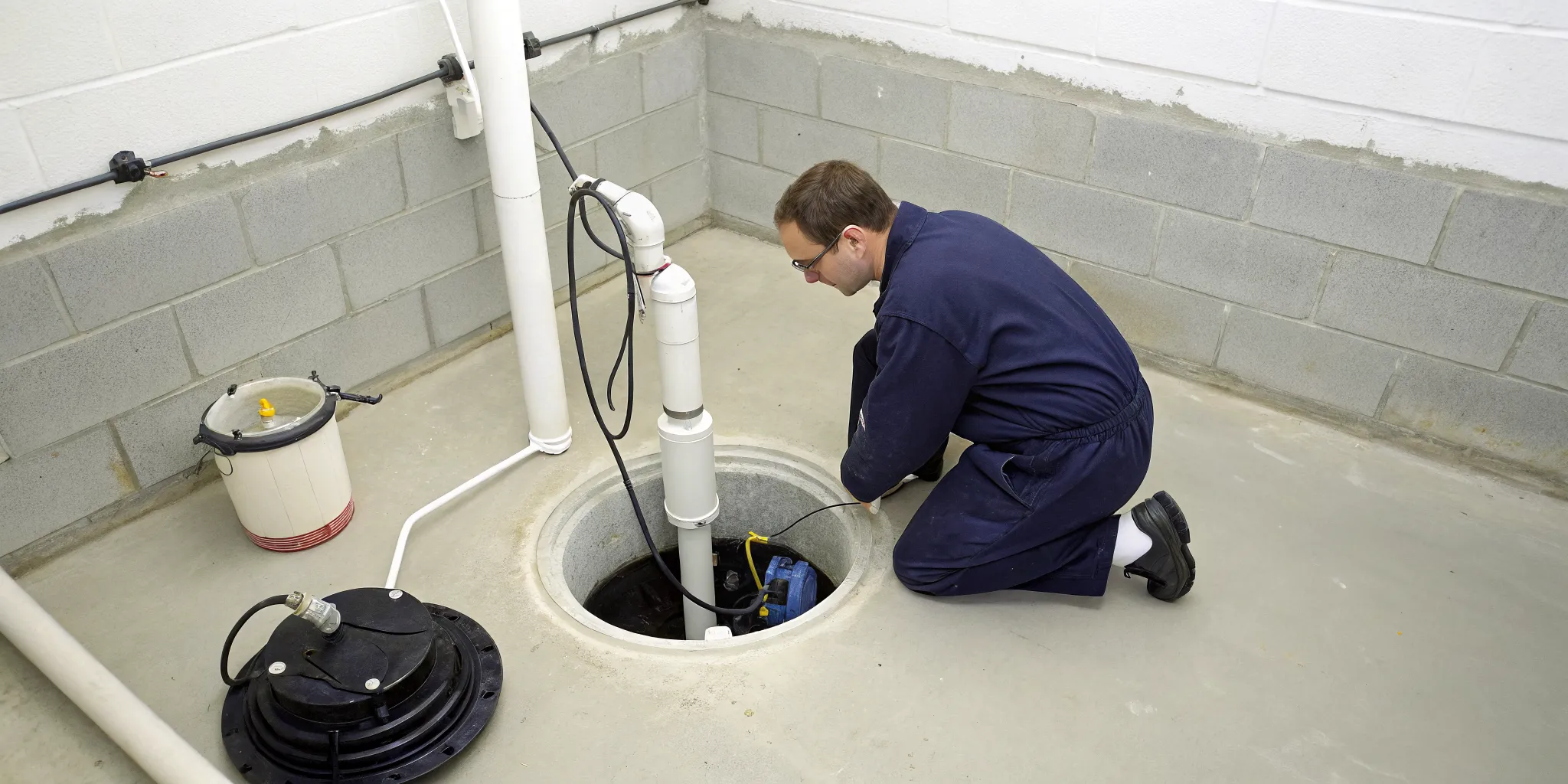 Technician working on a sump pump repair in Royal Oak, MI.