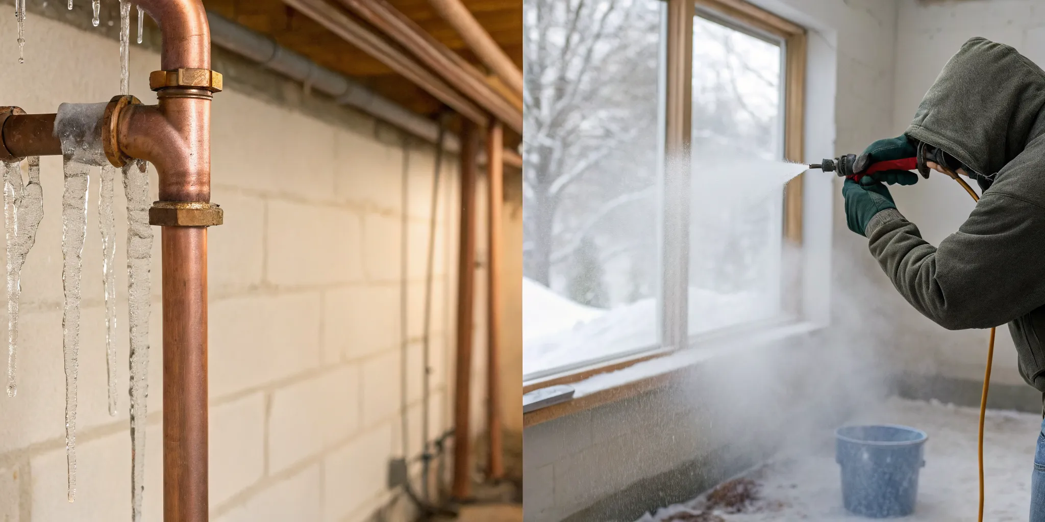 Plumber performing frozen pipe repair on an icy pipe in Royal Oak, MI.