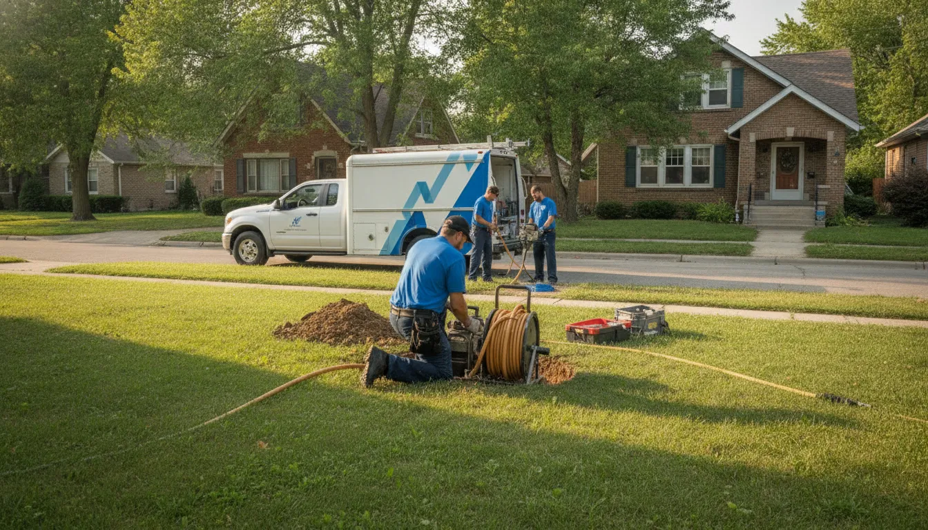 Professional plumbing technician in uniform inspecting a residential sewer line access point in a Detroit neighborhood