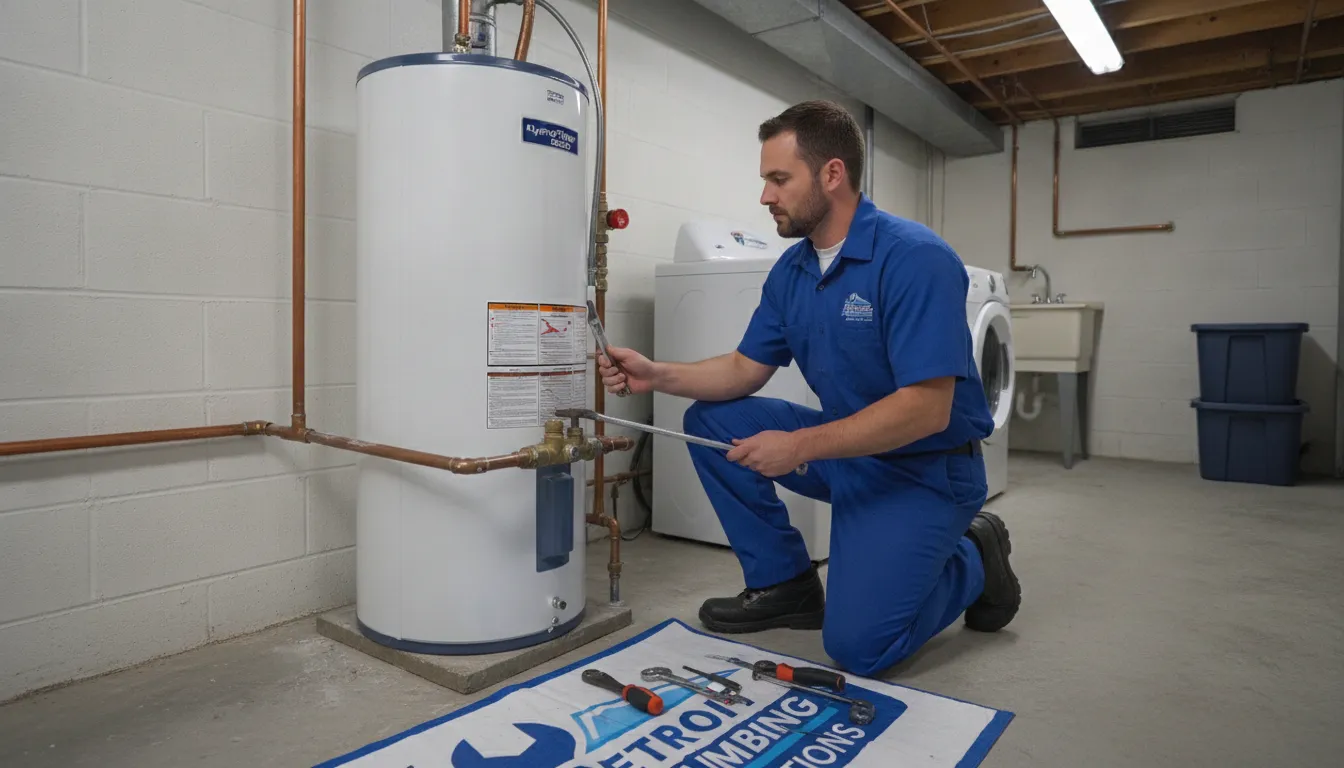 A licensed professional plumber performing water heater maintenance in a Detroit basement