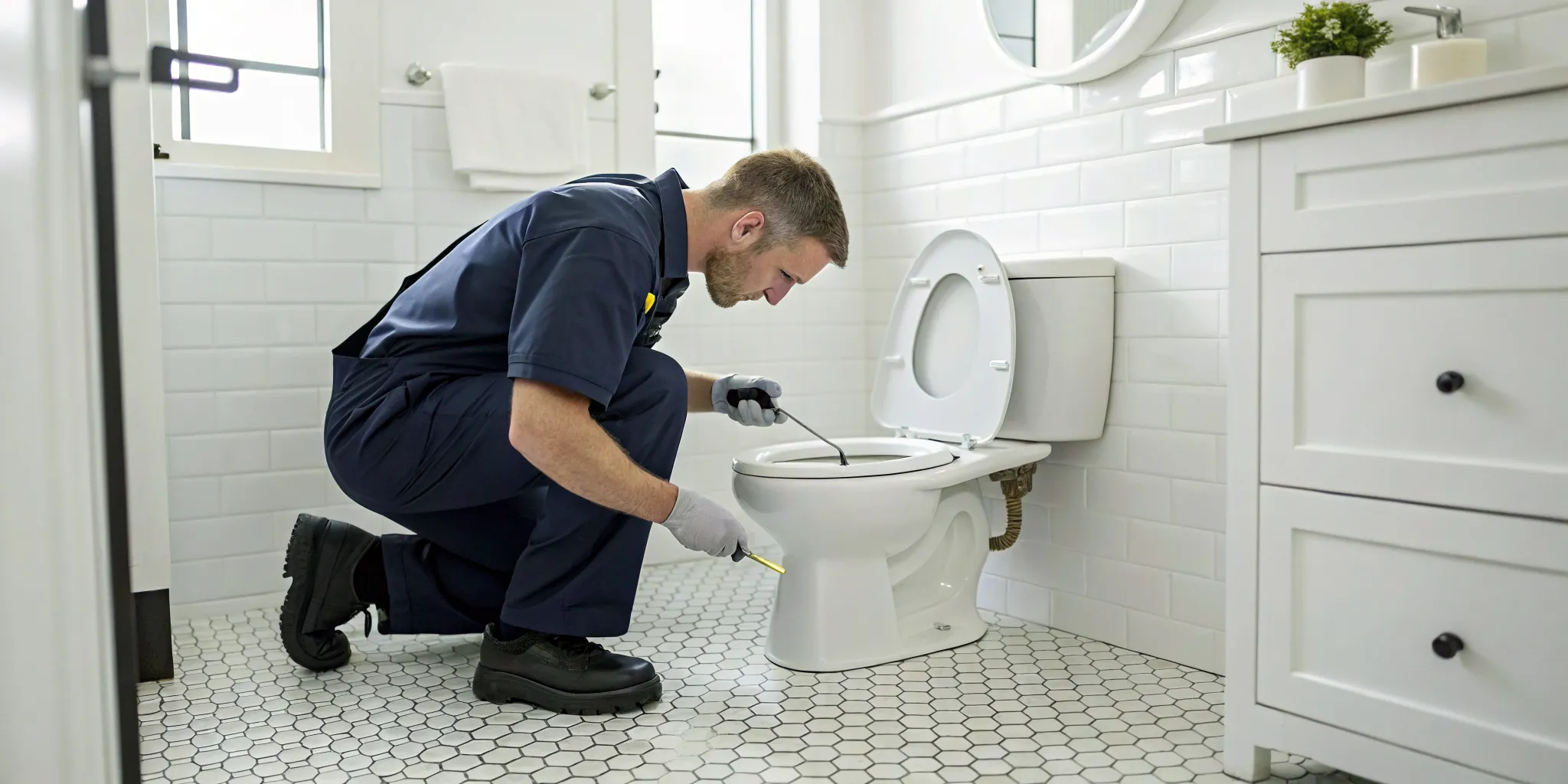 Plumber repairing a toilet in a Royal Oak, MI home.