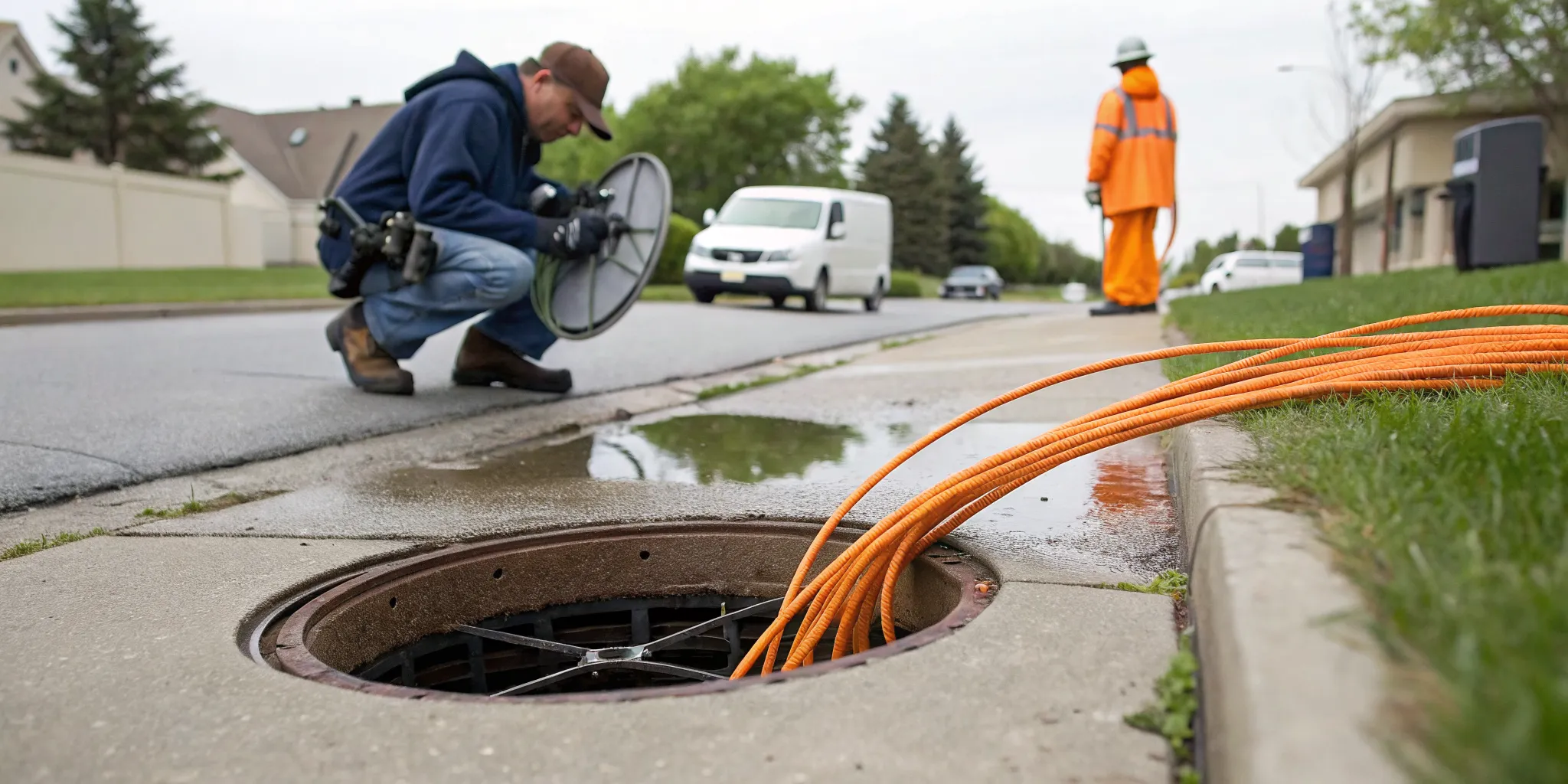 Plumber feeding a camera into a pipe for a sewer inspection in Rochester Hills, MI.