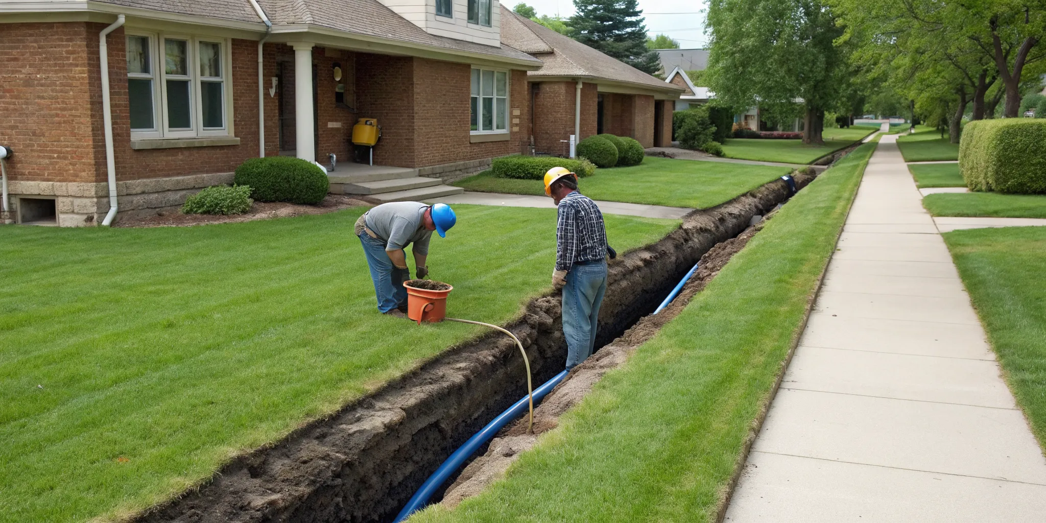 Traditional sewer repair with a large trench dug through a yard in Oak Park, MI.