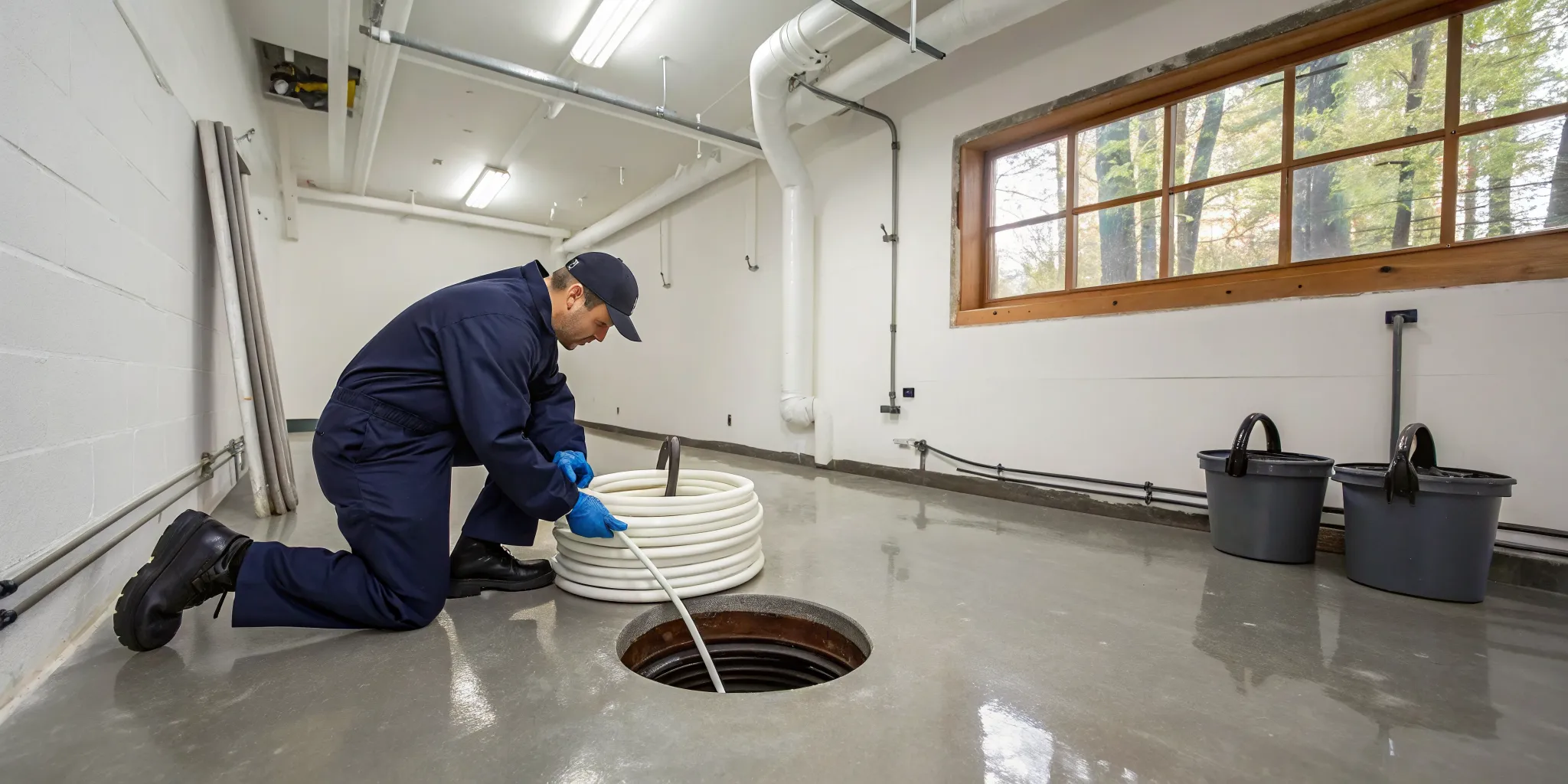 West Bloomfield plumber clearing a clogged basement drain to prevent flooding.