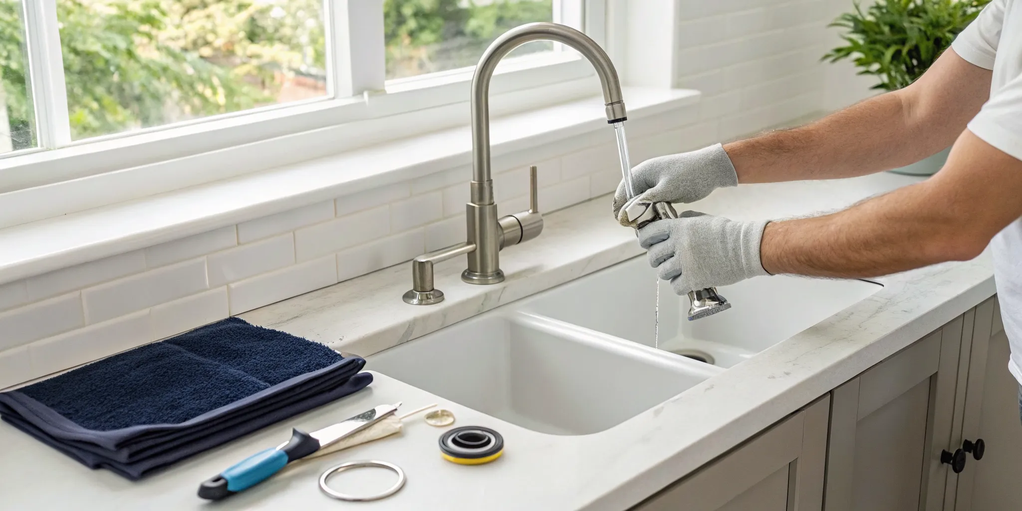 A professional plumber performing a kitchen faucet repair in Ferndale, MI.